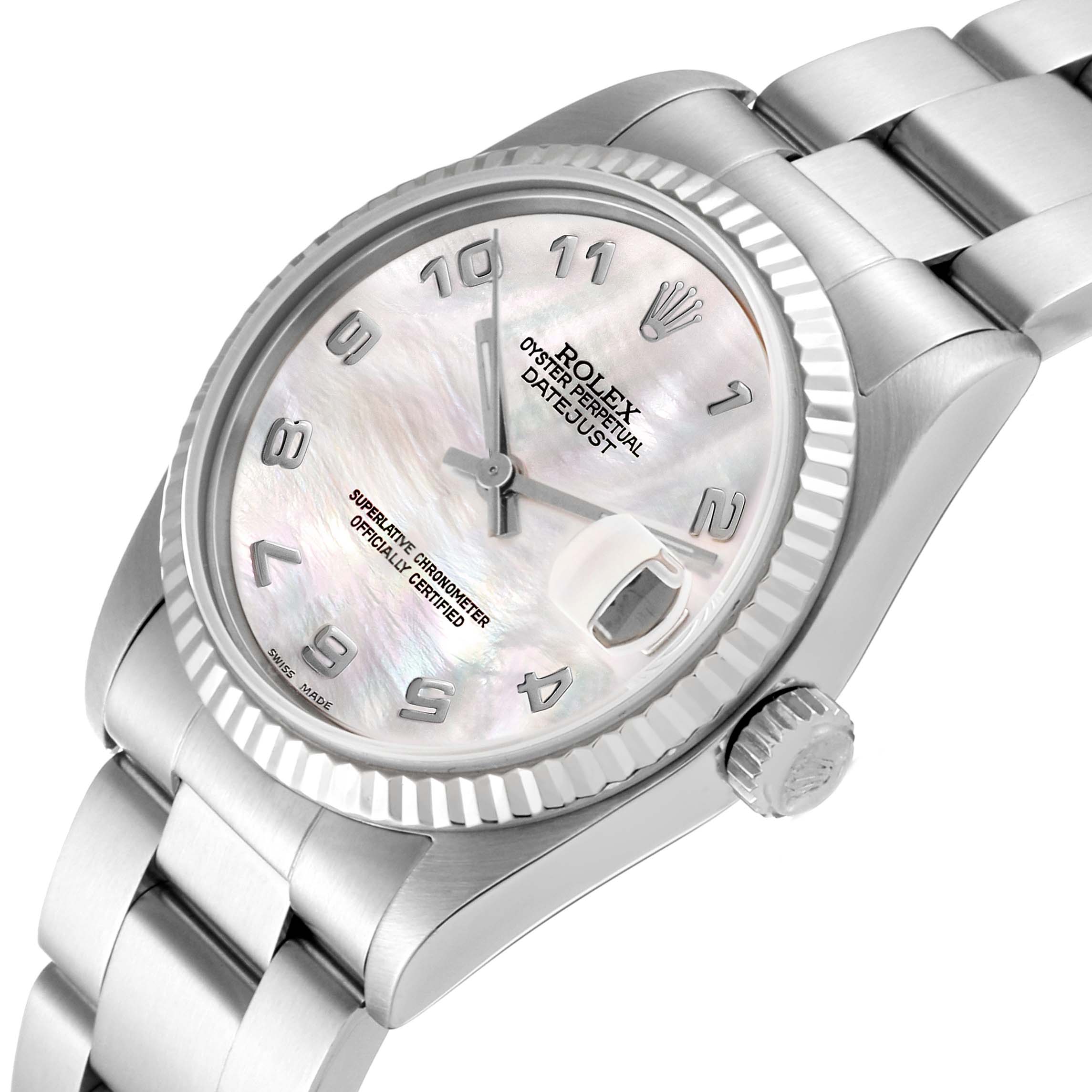 The image shows a Rolex Mid-Size 68274 Women's Stainless Steel Mother of Pearl Dial 68274 Women's Stainless Steel Mother of Pearl Dial Oyster Perpetual Datejust watch at an angled view, displaying the crown, dial, hands, and bracelet.