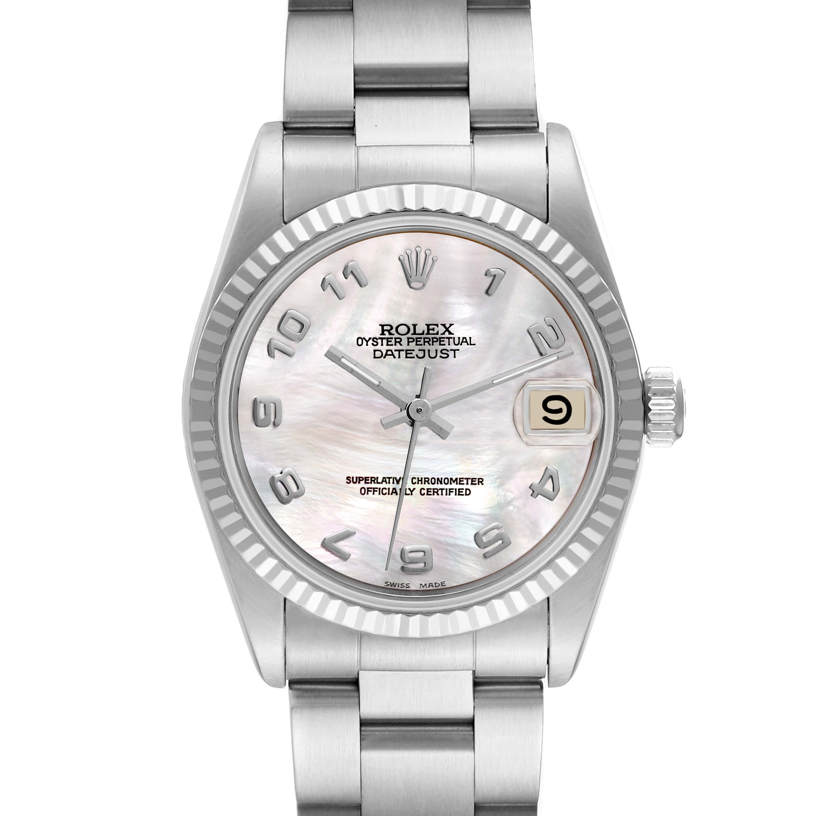 The image shows the front view of a Rolex Oyster Perpetual Datejust Mid-Size watch, highlighting its dial, bezel, hands, and bracelet.