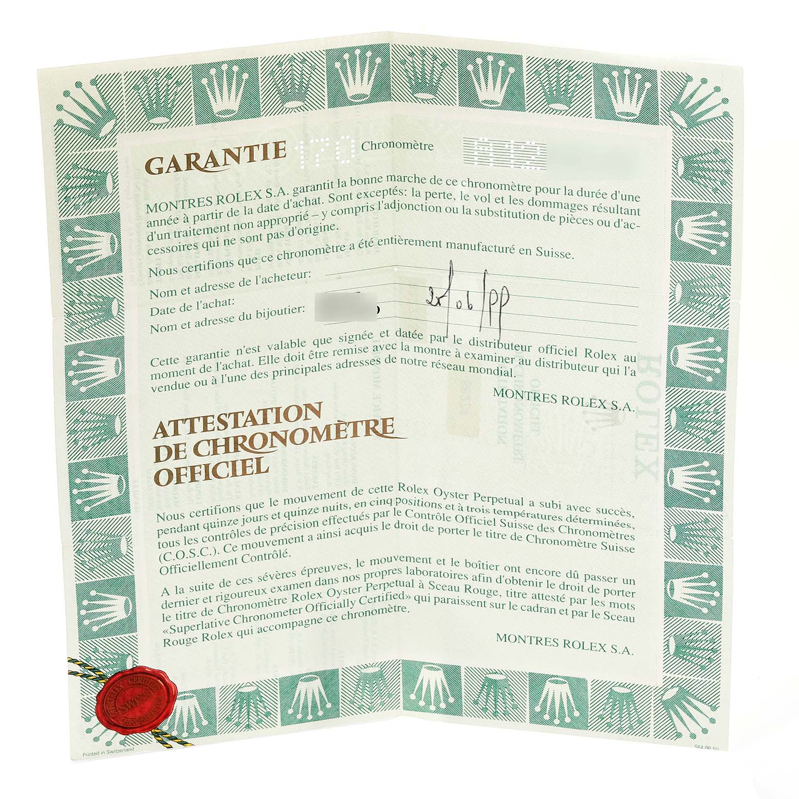 The image shows the warranty certificate for a Rolex Mid-Size 68274 Women's Stainless Steel Mother of Pearl Dial 68274 Women's Stainless Steel Mother of Pearl Dial model, featuring a signature and a seal.