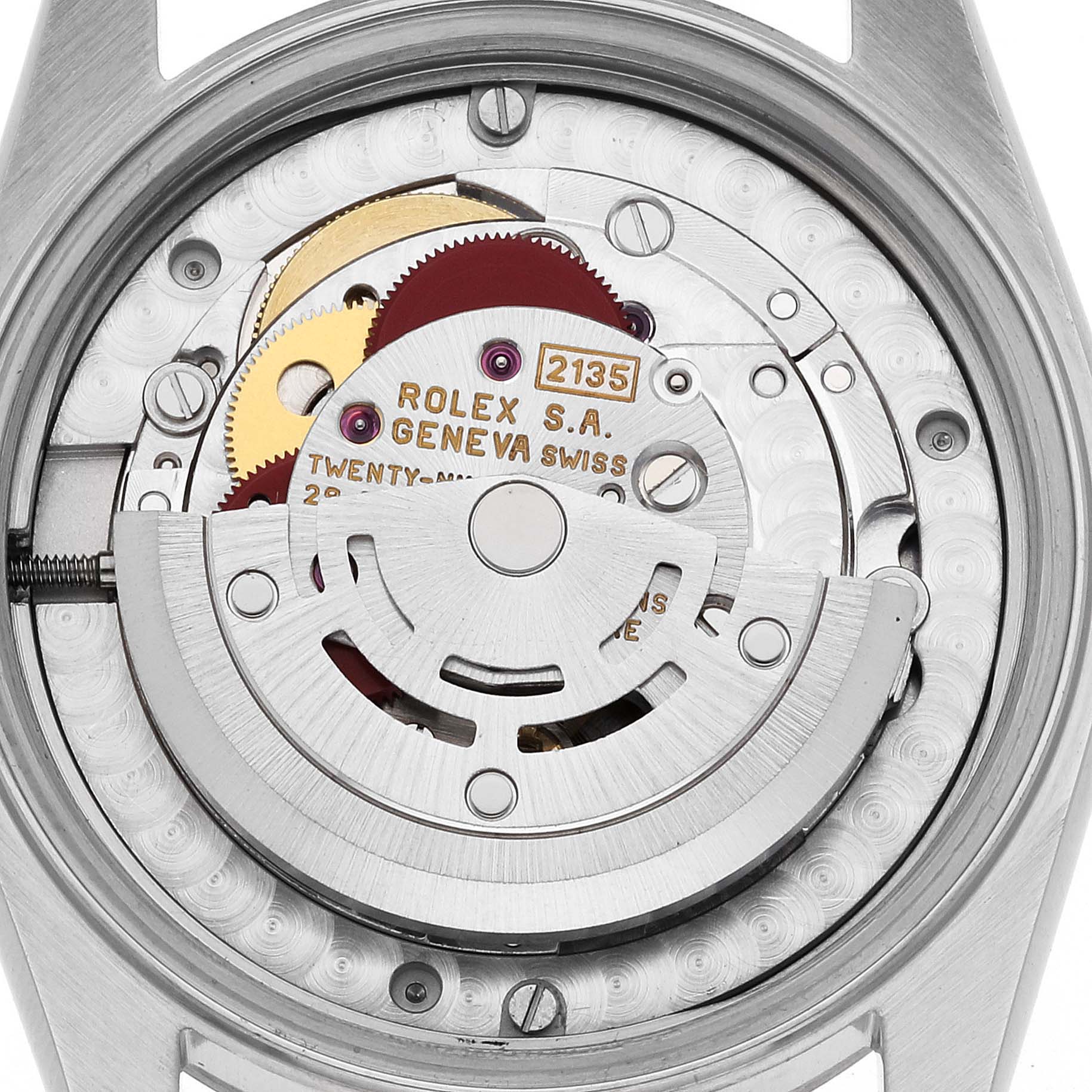 The image shows the movement and internal mechanism of a Rolex Mid-Size 68274 Women's Stainless Steel Mother of Pearl Dial 68274 Women's Stainless Steel Mother of Pearl Dial model watch, viewed from the back.