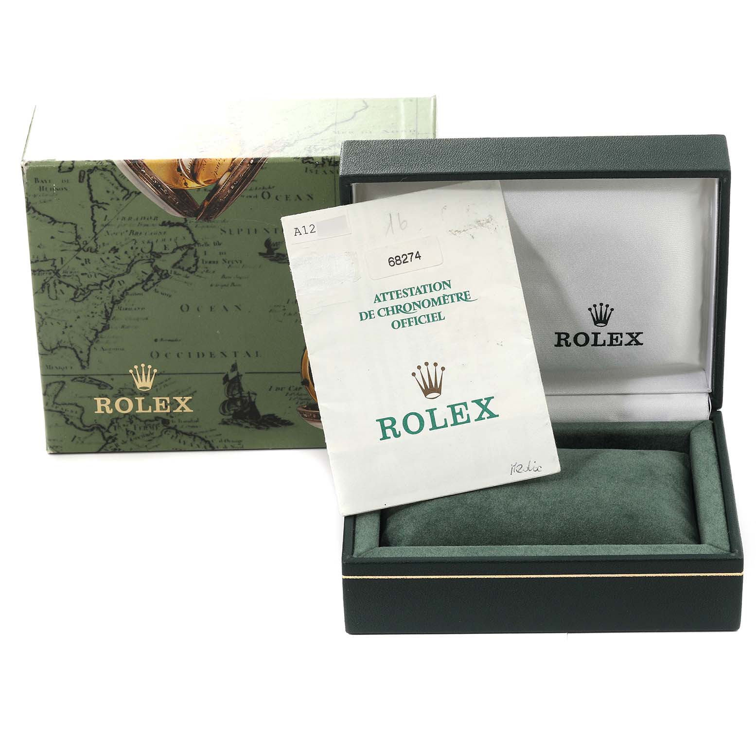 The image shows a Rolex Mid-Size 68274 Women's Stainless Steel Mother of Pearl Dial 68274 Women's Stainless Steel Mother of Pearl Dial watch box, outer box, and an official chronometer certification booklet.