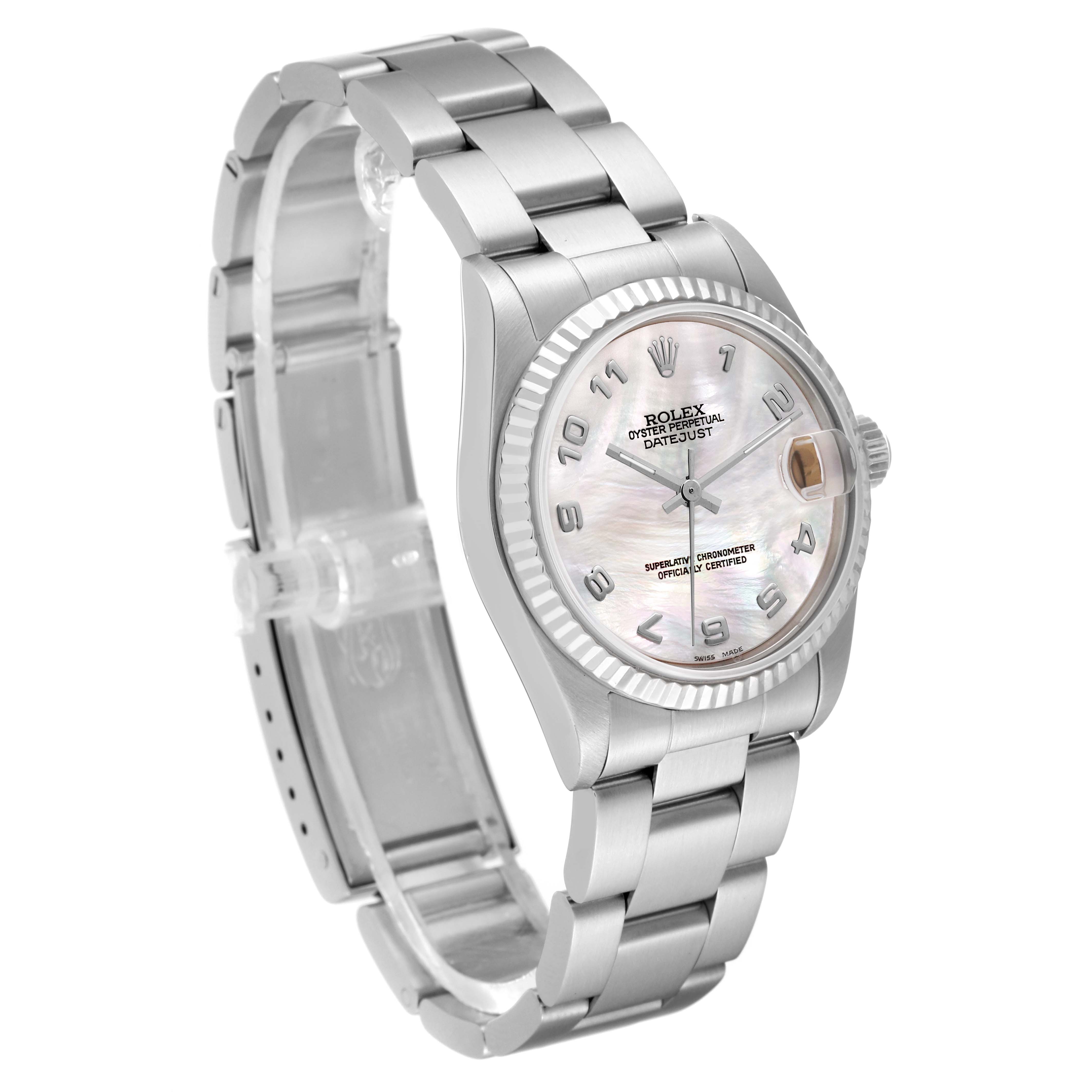 The Rolex Mid-Size 68274 Women's Stainless Steel Mother of Pearl Dial 68274 Women's Stainless Steel Mother of Pearl Dial Datejust watch is shown at a three-quarter angle, displaying the face, bezel, and bracelet.