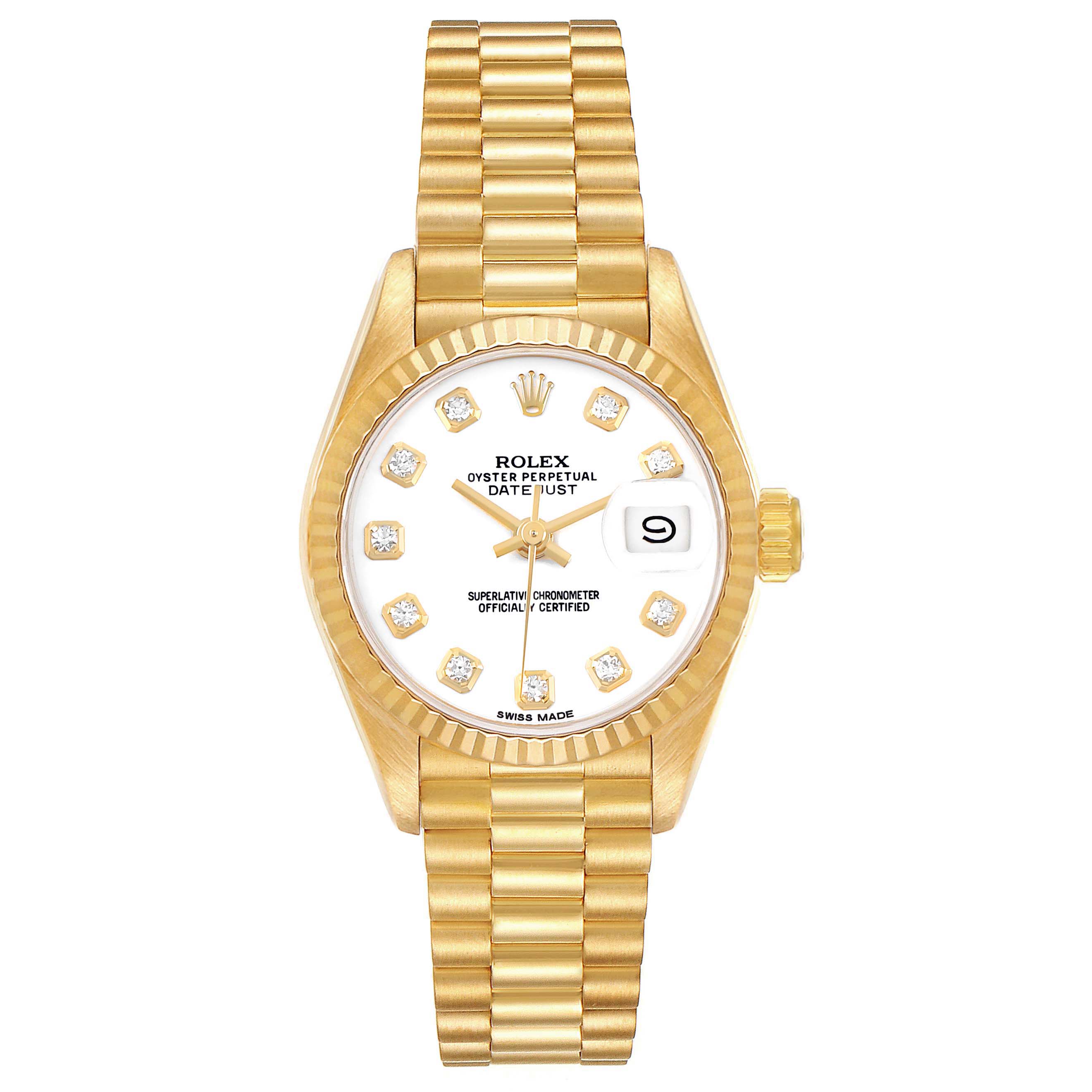 The Rolex President 69178 Women's Yellow Gold White Dial model watch is shown from a top-down angle, displaying its gold bracelet, bezel, dial with diamond markers, and date window.