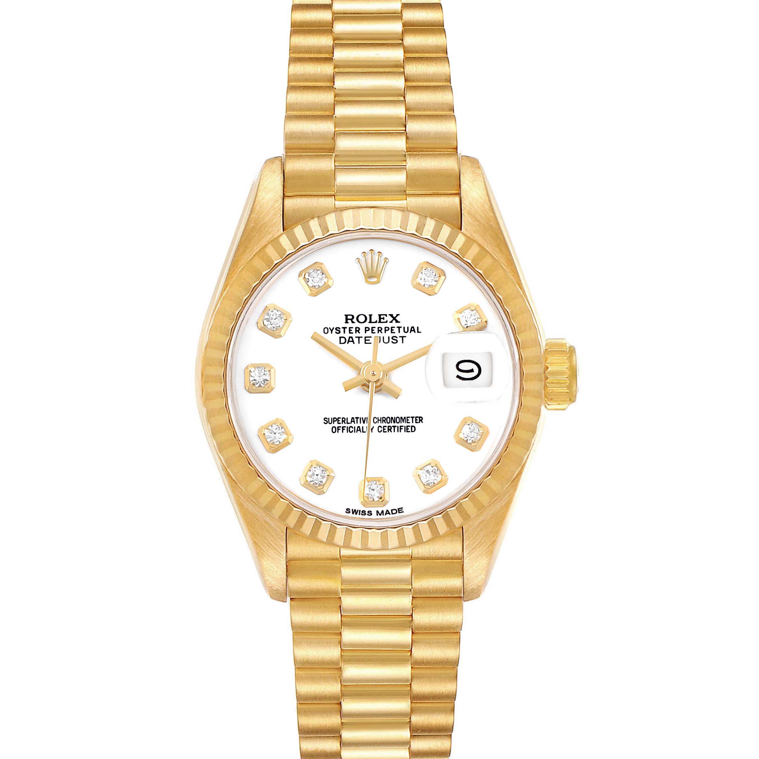 The Rolex President 69178 Women's Yellow Gold White Dial model is shown from a top view, displaying its gold bracelet, dial with diamond markers, and date window.