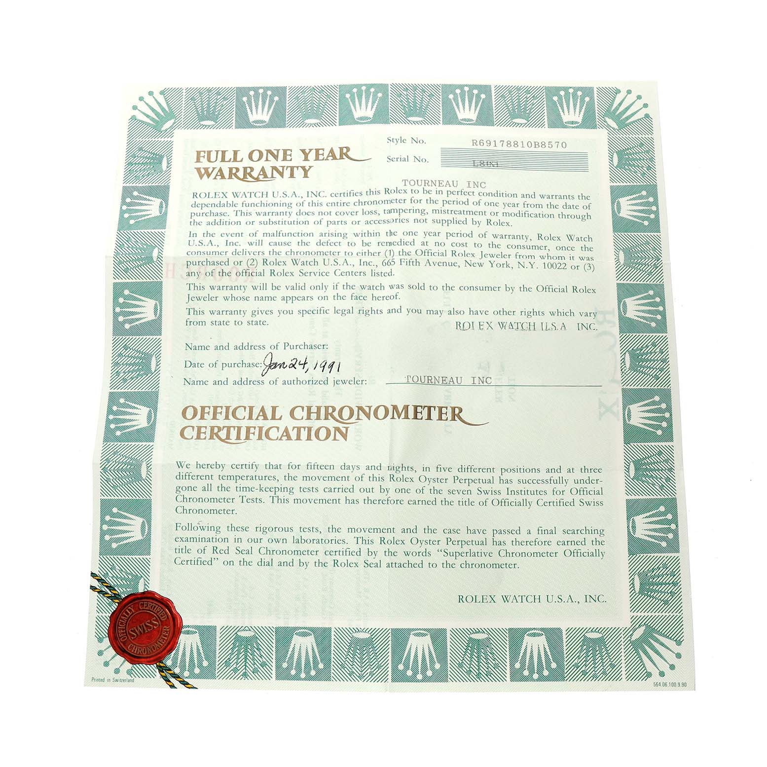 The image shows the official warranty and chronometer certification for a Rolex President 69178 Women's Yellow Gold White Dial model watch.