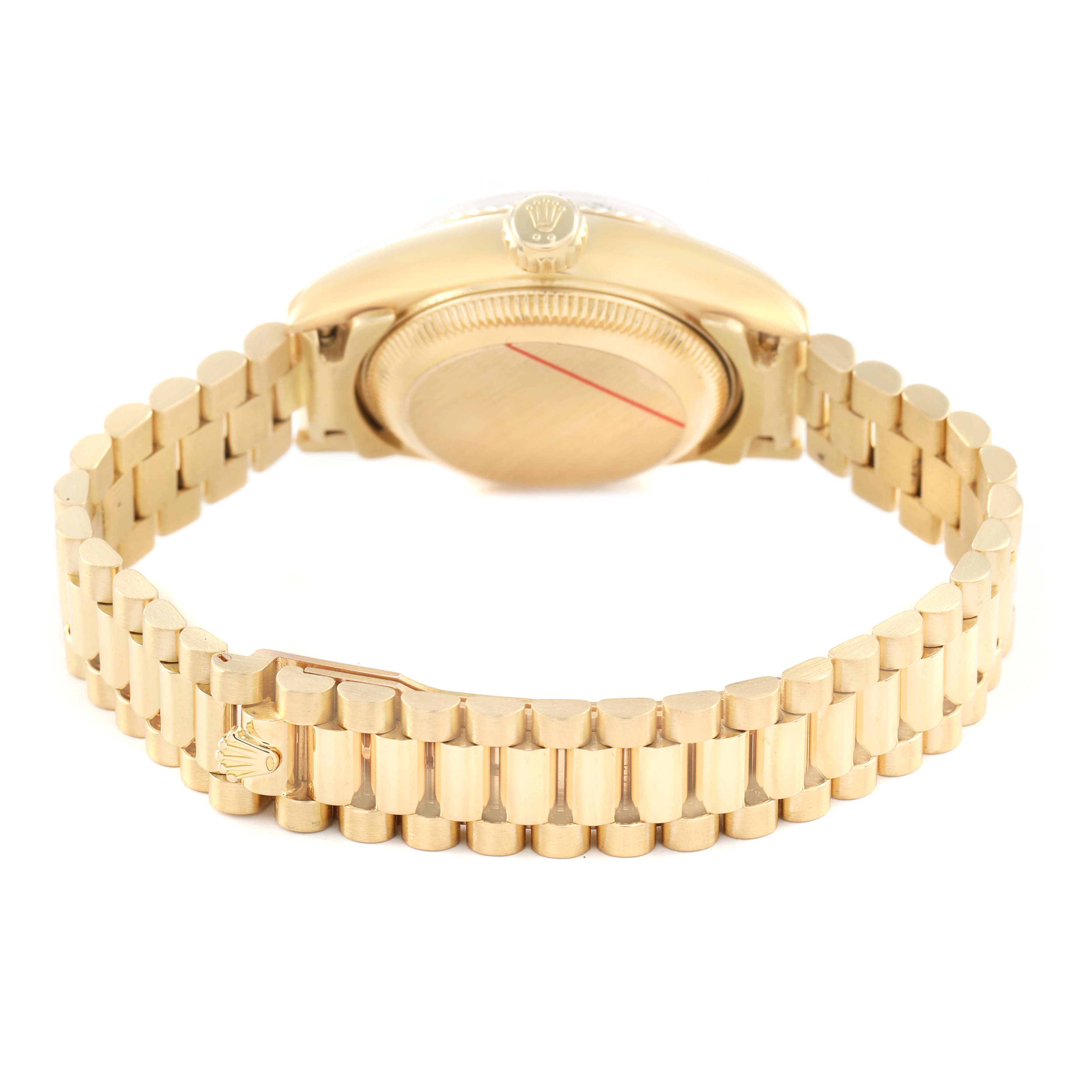 The image shows the back and band of a Rolex President 69178 Women's Yellow Gold White Dial model, highlighting the case back and signature bracelet.
