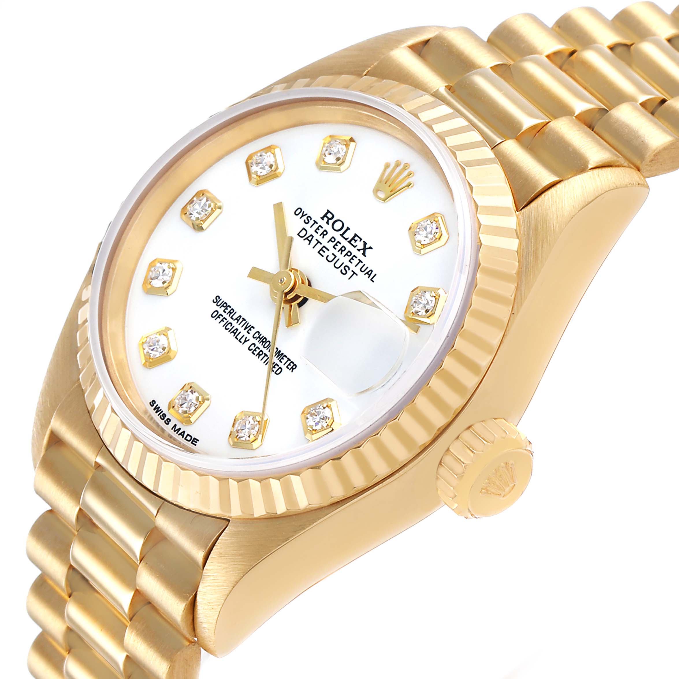 The Rolex President 69178 Women's Yellow Gold White Dial model is shown at a slight angle, highlighting the dial, bezel, crown, and bracelet.
