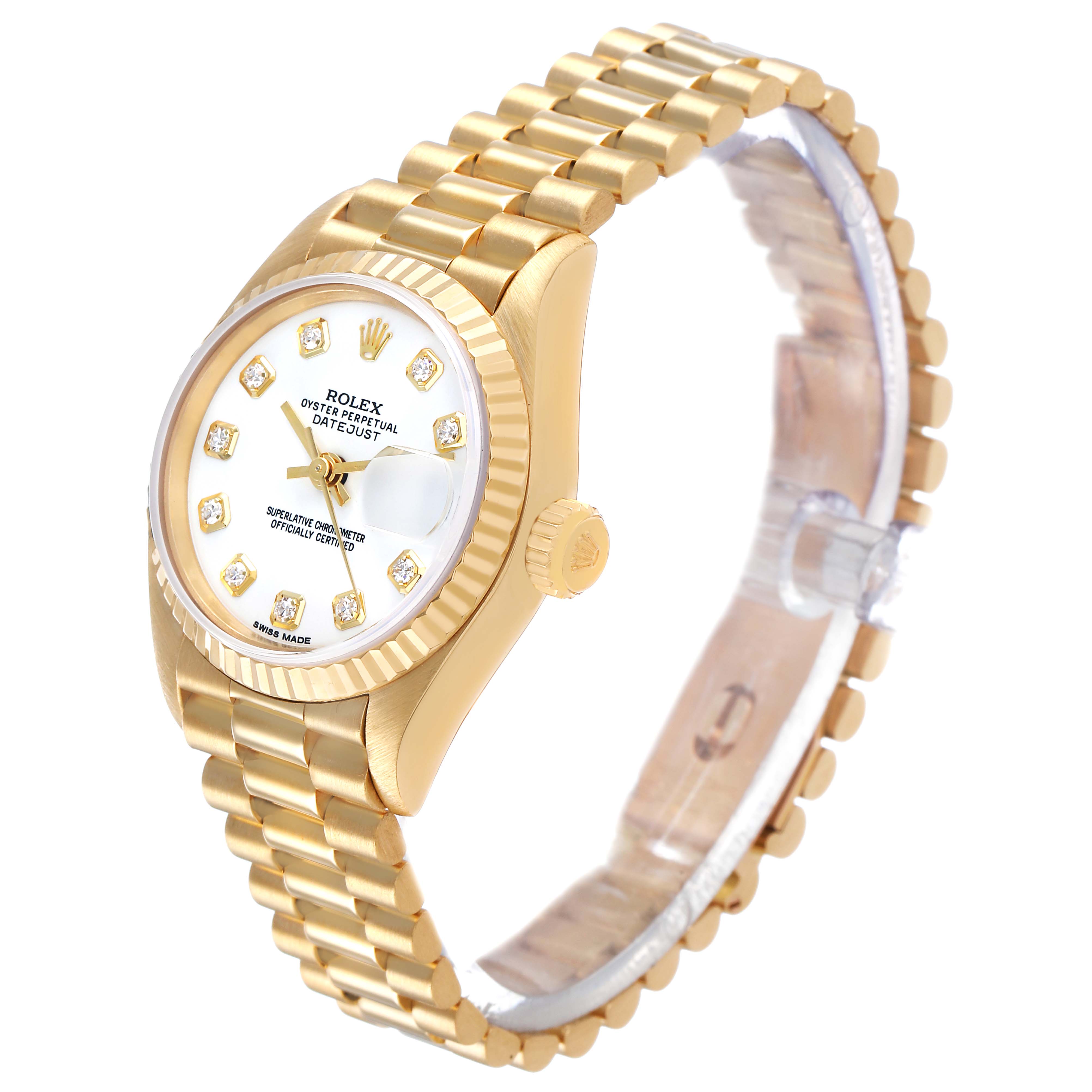 The Rolex President 69178 Women's Yellow Gold White Dial watch is shown from an angled view, highlighting the face, crown, and bracelet.