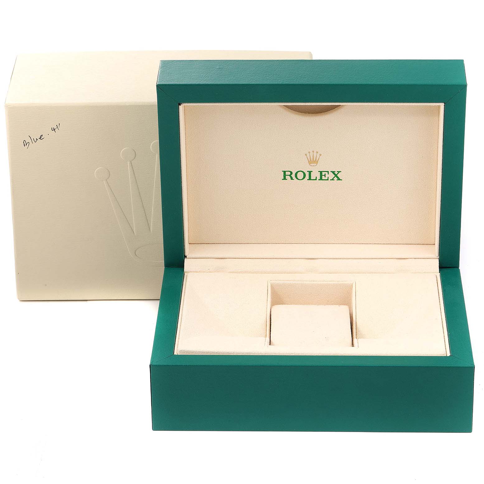 The image shows the open green and beige presentation box for the Rolex Datejust 116234 Men's Stainless Steel Mother of Pearl Dial 116234 Men's Stainless Steel Mother of Pearl Dial watch.