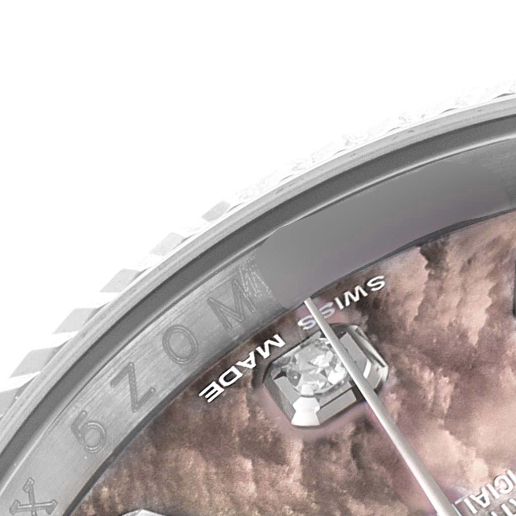 The image shows a close-up of the dial and bezel of a Rolex Datejust 116234 Men's Stainless Steel Mother of Pearl Dial 116234 Men's Stainless Steel Mother of Pearl Dial watch, highlighting the "Swiss Made" text.
