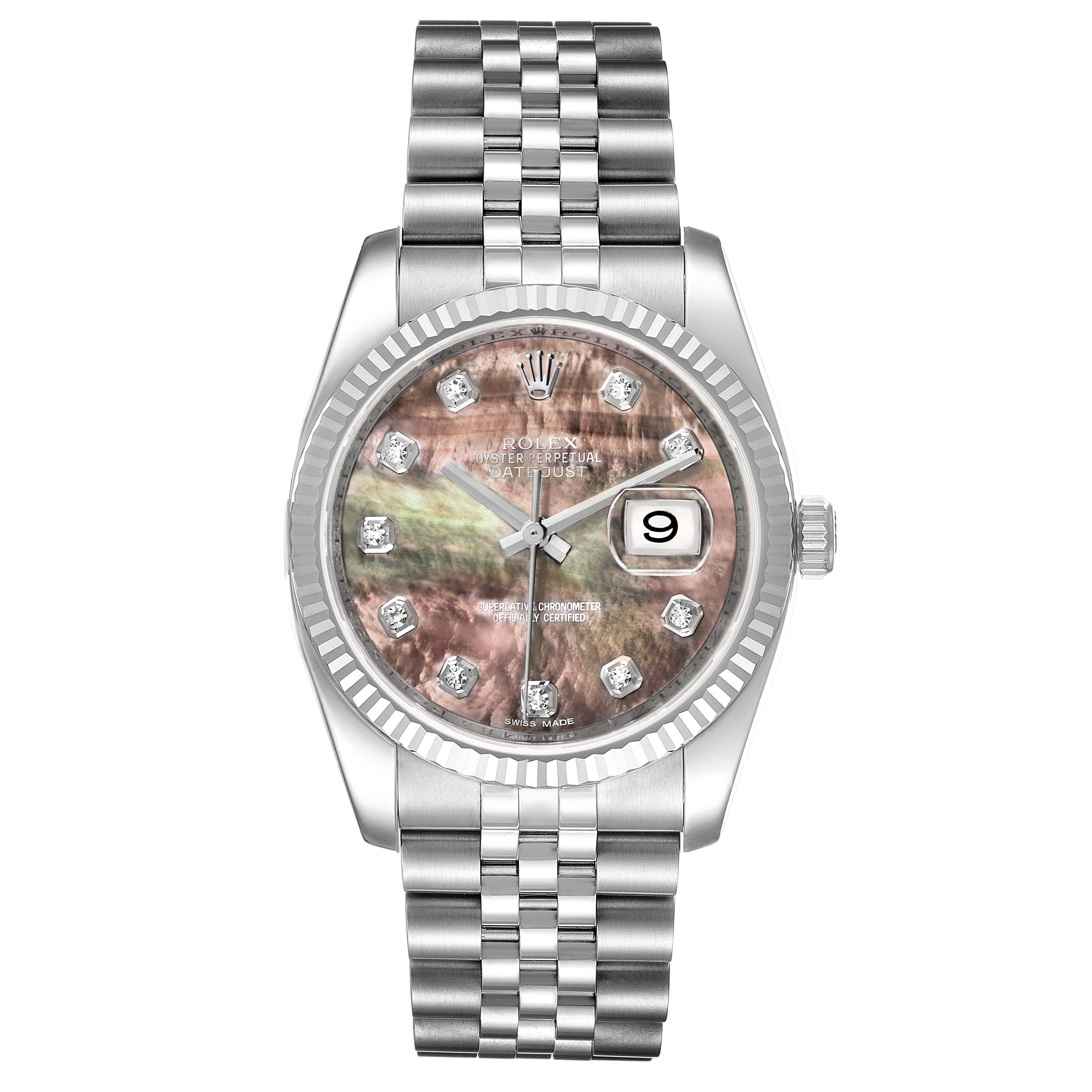 This is a front view of a Rolex Datejust 116234 Men's Stainless Steel Mother of Pearl Dial 116234 Men's Stainless Steel Mother of Pearl Dial watch, displaying its bracelet, dial, hands, hour markers, date window, and crown.