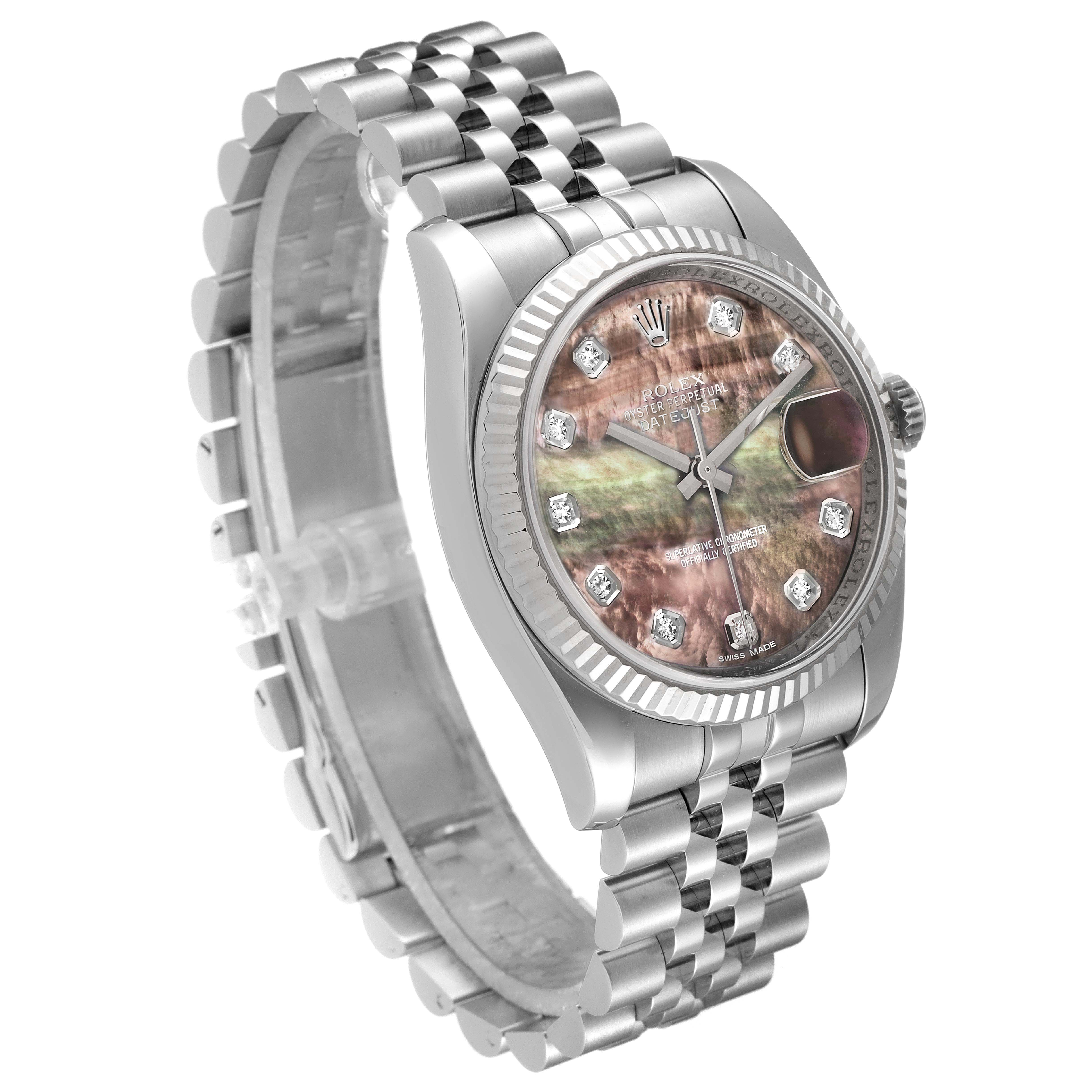 The image shows a Rolex Datejust 116234 Men's Stainless Steel Mother of Pearl Dial 116234 Men's Stainless Steel Mother of Pearl Dial watch at a slight angle, highlighting its face, bezel, and bracelet.