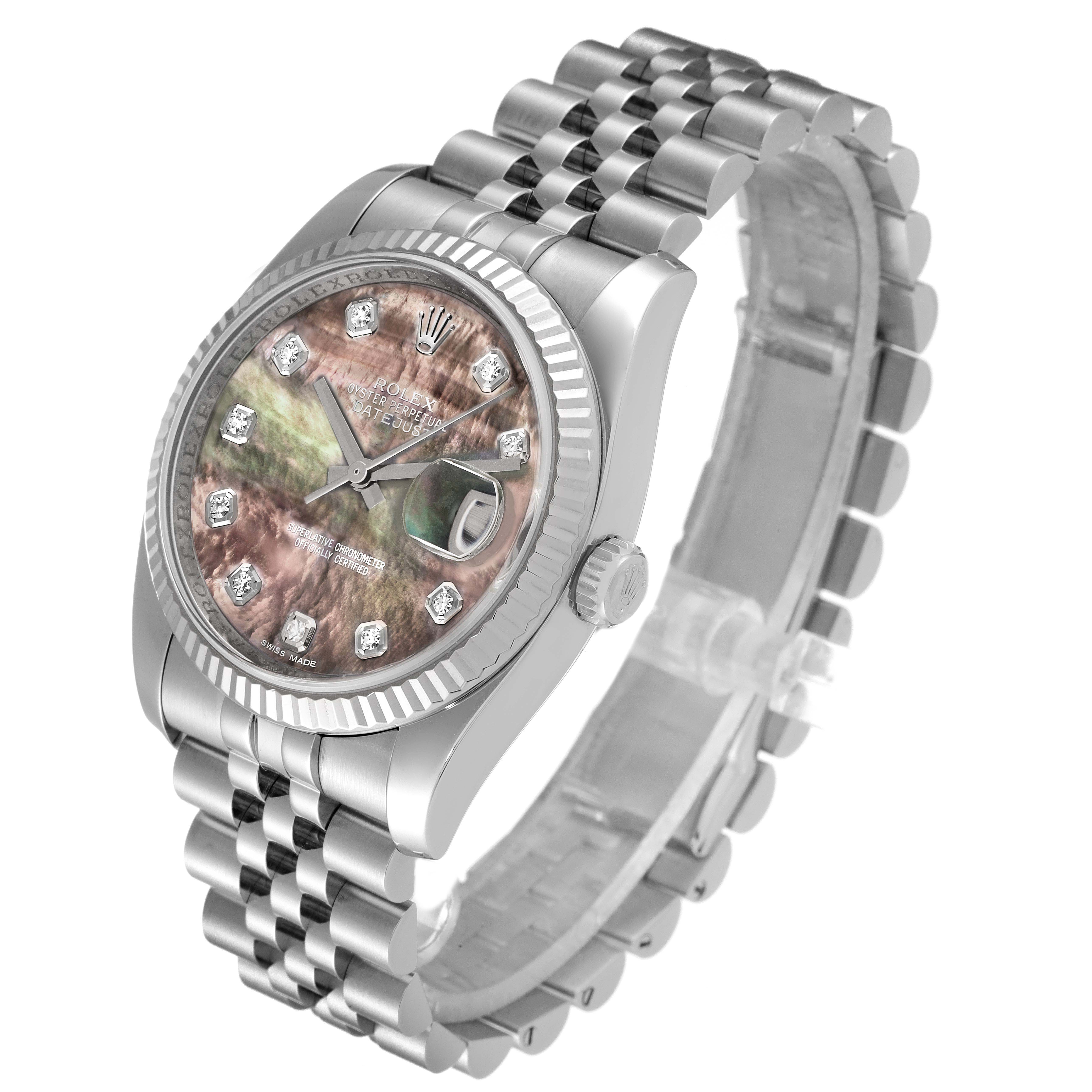 The image shows a Rolex Datejust 116234 Men's Stainless Steel Mother of Pearl Dial 116234 Men's Stainless Steel Mother of Pearl Dial watch at a three-quarter angle, displaying its face, bezel, casing, and bracelet.