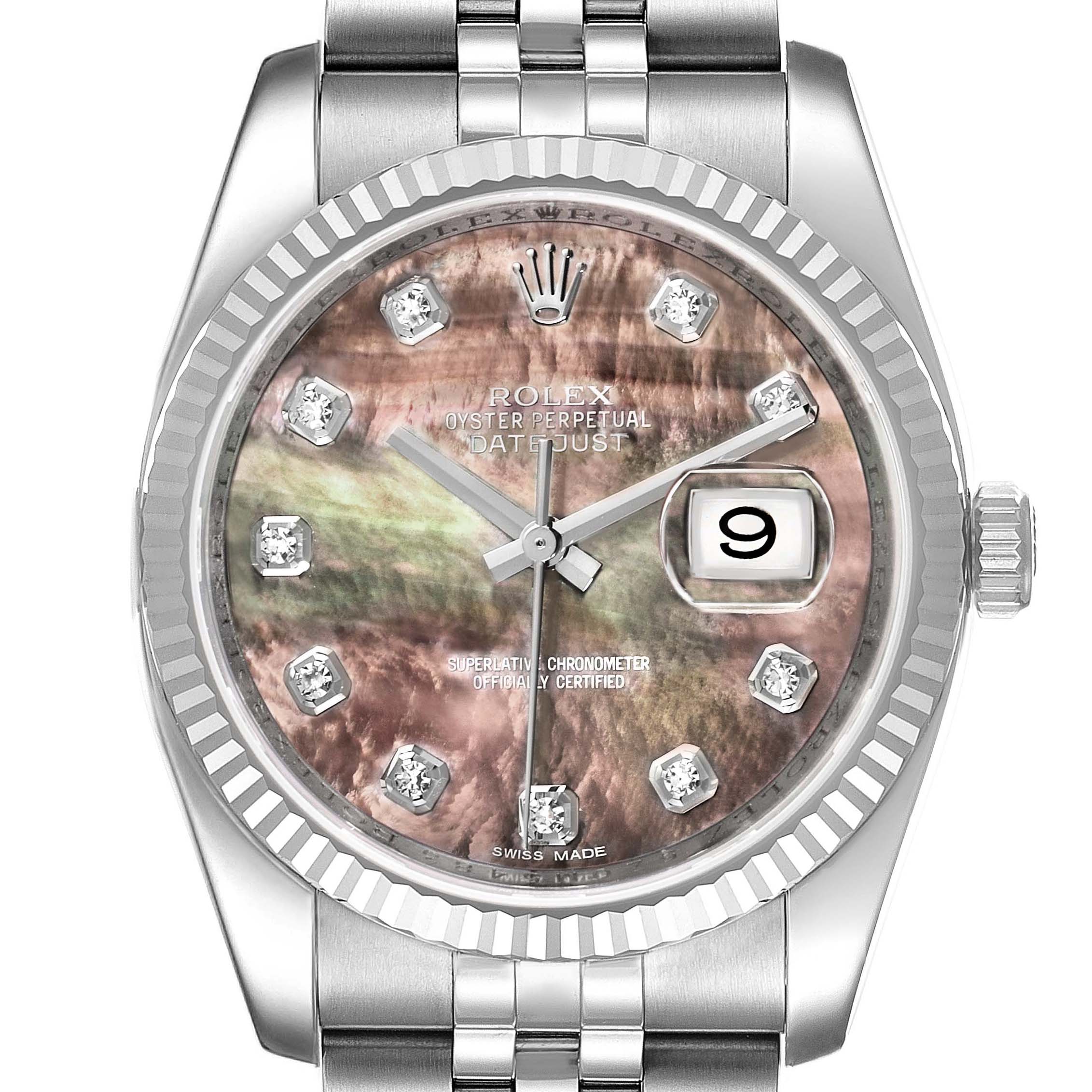 The image shows the dial, bezel, and part of the bracelet of a Rolex Datejust 116234 Men's Stainless Steel Mother of Pearl Dial 116234 Men's Stainless Steel Mother of Pearl Dial watch viewed from the front.