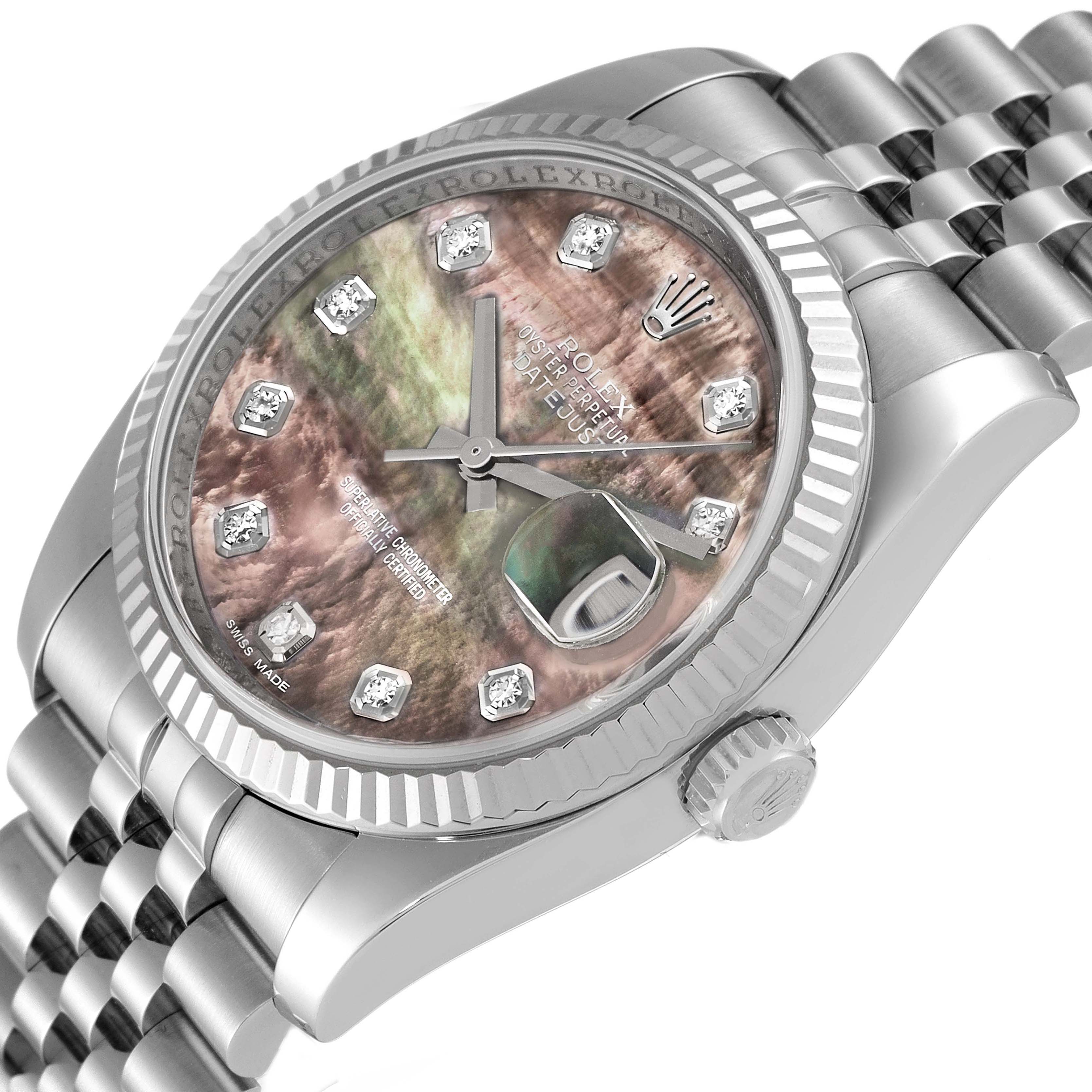The Rolex Datejust 116234 Men's Stainless Steel Mother of Pearl Dial 116234 Men's Stainless Steel Mother of Pearl Dial watch is shown at an angle highlighting its dial, crown, bezel, and part of the bracelet.