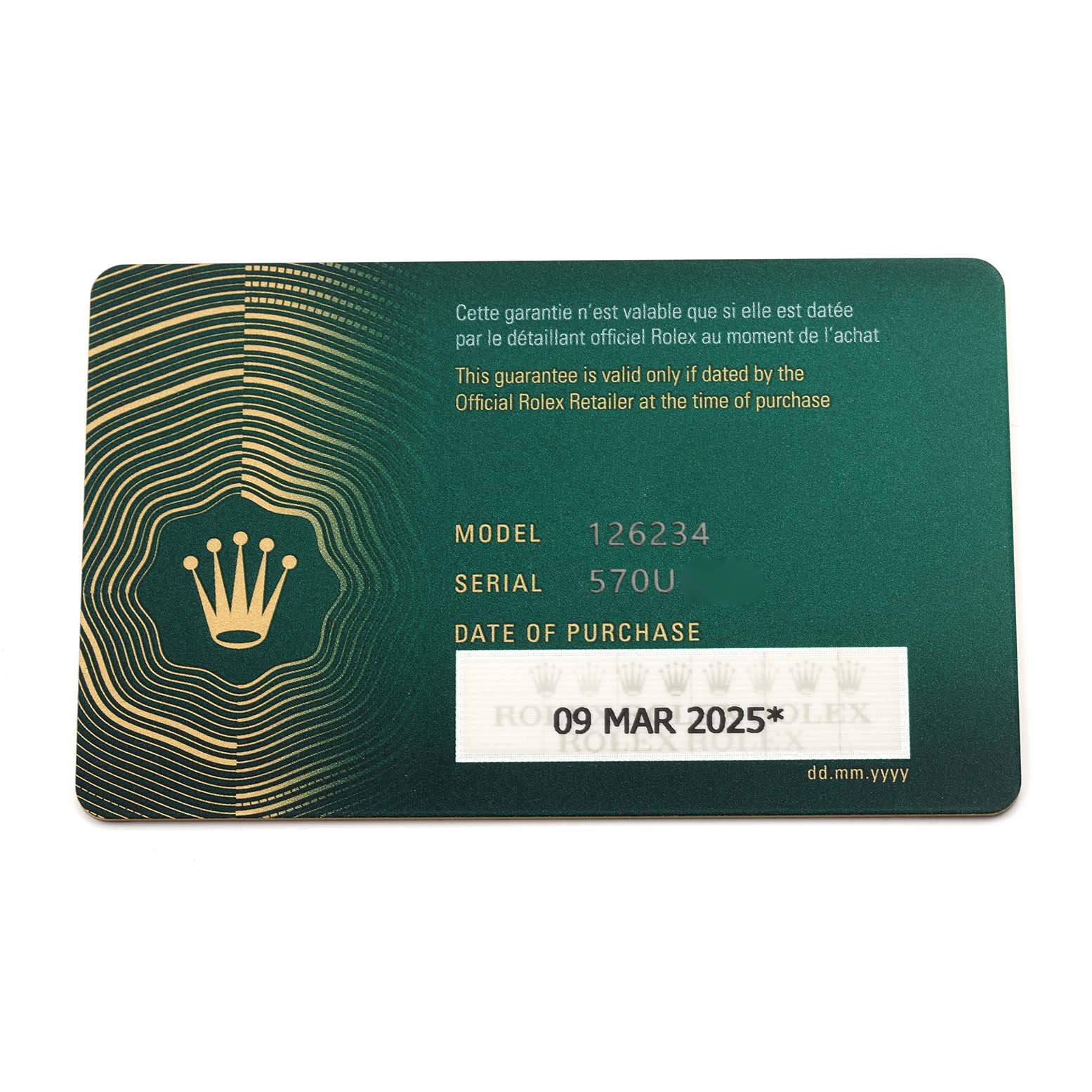 The image shows a warranty card for the Rolex Datejust 126234 Men's Stainless Steel Silver Dial 126234 Men's Stainless Steel Silver Dial model, displaying model and serial numbers, and purchase date.