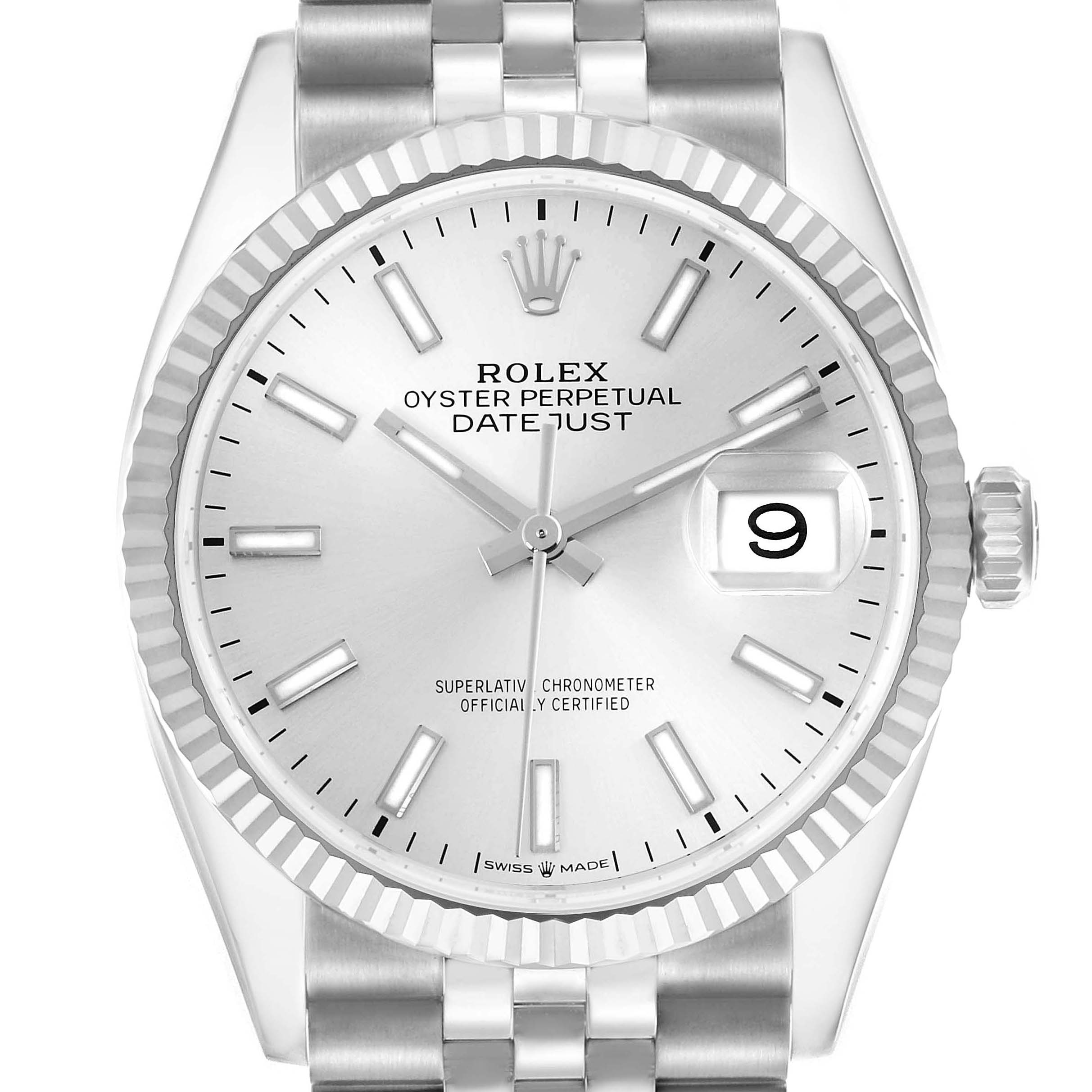 The Rolex Datejust 126234 Men's Stainless Steel Silver Dial 126234 Men's Stainless Steel Silver Dial watch is shown from the front, highlighting its face, bezel, and bracelet.