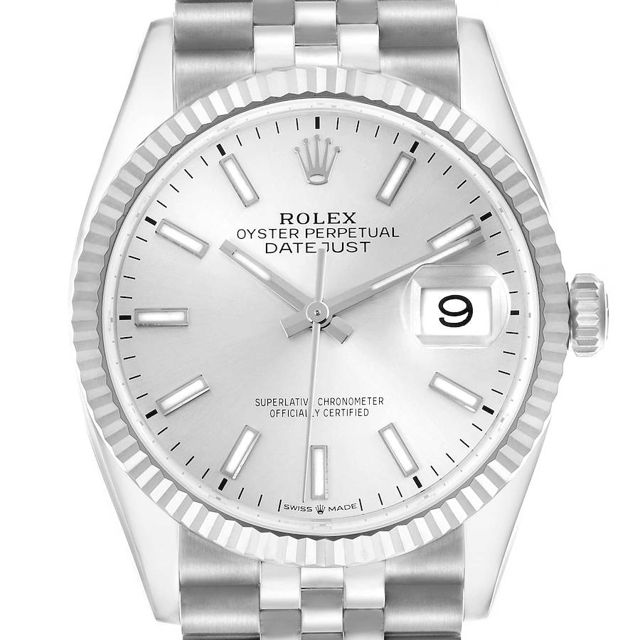 The Rolex Datejust watch is shown from the front, highlighting its face, bezel, and bracelet.