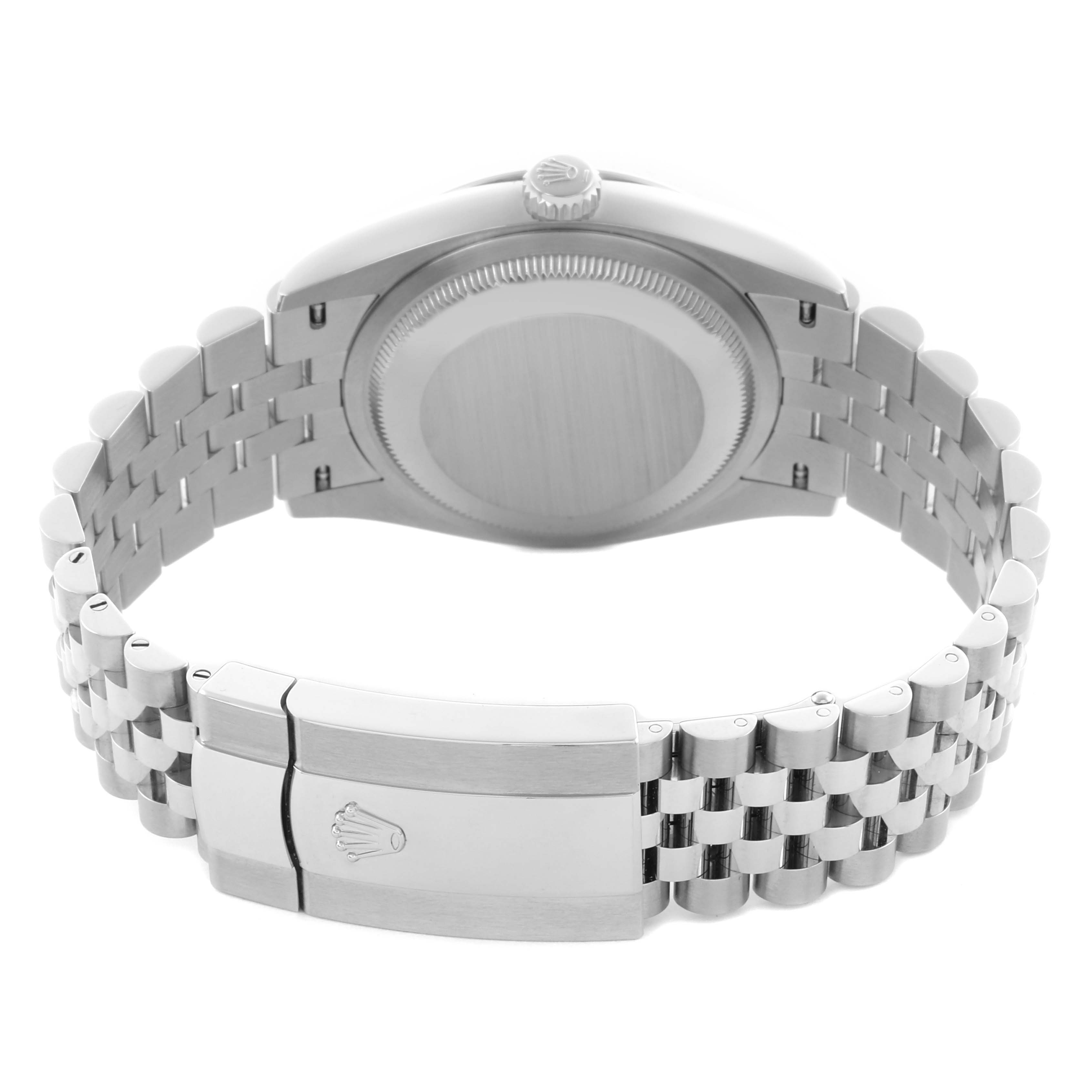 The image shows a Rolex Datejust 126234 Men's Stainless Steel Silver Dial 126234 Men's Stainless Steel Silver Dial viewed from the back, highlighting the bracelet, clasp, and case back.