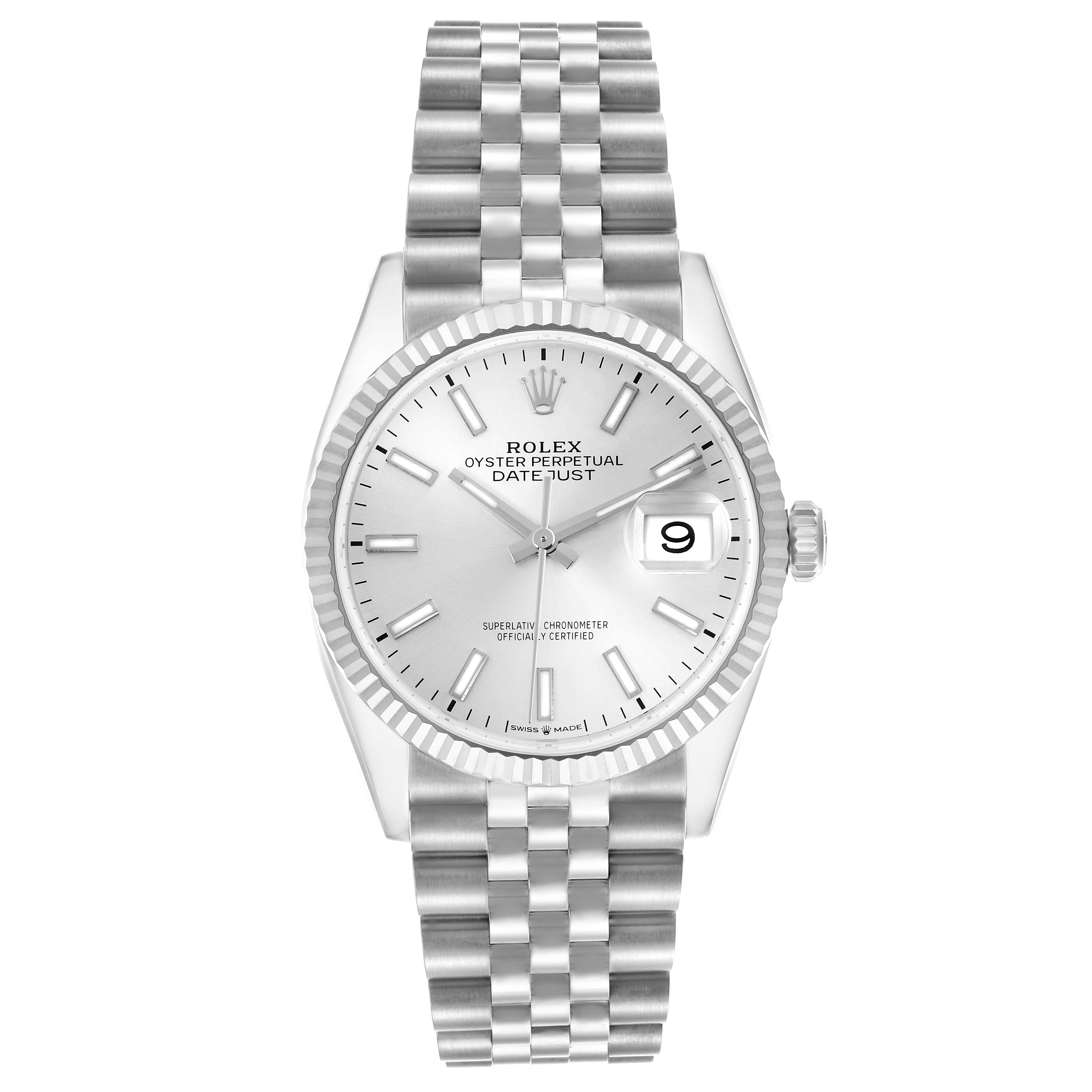 The Rolex Datejust 126234 Men's Stainless Steel Silver Dial 126234 Men's Stainless Steel Silver Dial watch is shown from a top-down angle, displaying its dial, bezel, bracelet, and crown.