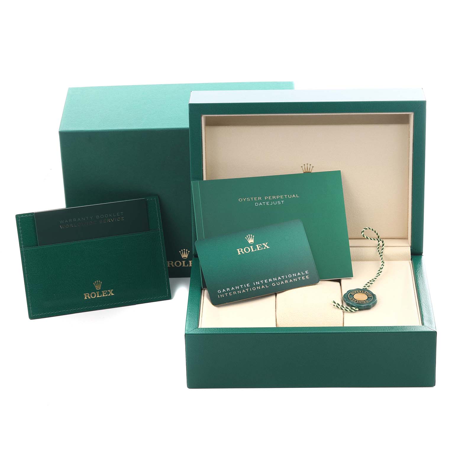 The image shows the packaging and accessories for a Rolex Datejust 126234 Men's Stainless Steel Silver Dial 126234 Men's Stainless Steel Silver Dial, including the box, booklet, warranty, and hang tag.