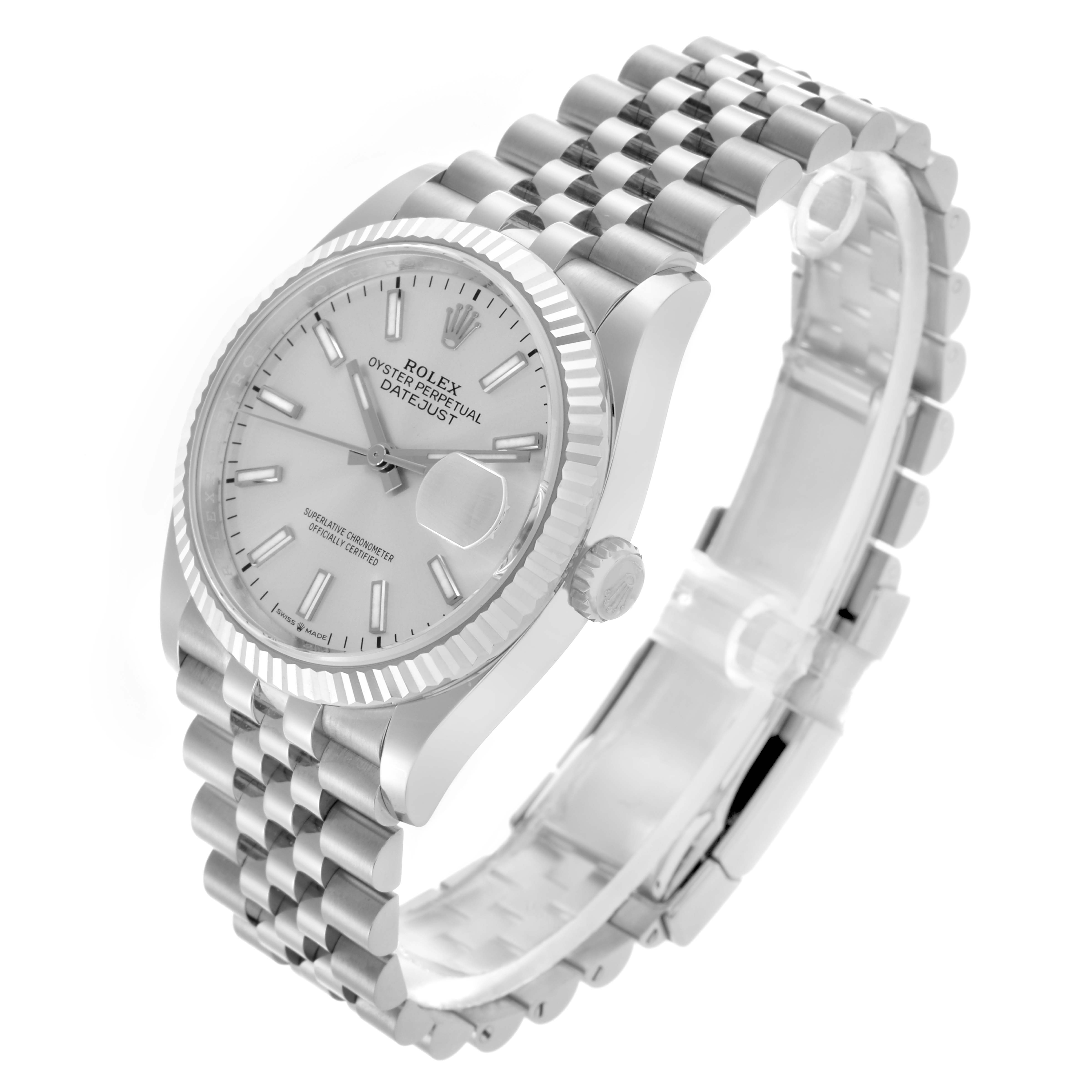 The Rolex Datejust 126234 Men's Stainless Steel Silver Dial 126234 Men's Stainless Steel Silver Dial watch is shown at a slight angle, revealing the face, bezel, crown, and Jubilee bracelet.