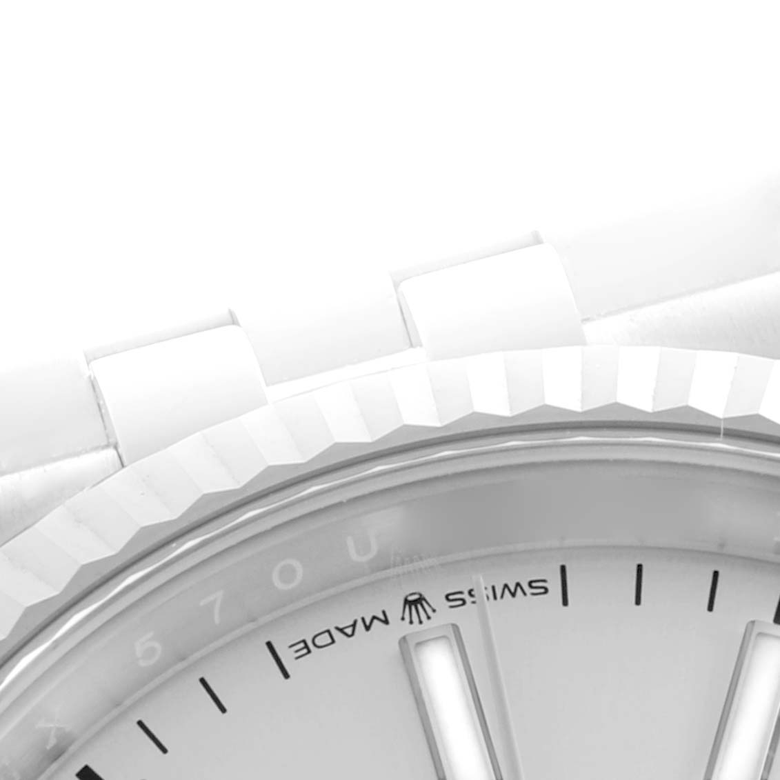 The image shows a partial view of the Rolex Datejust 126234 Men's Stainless Steel Silver Dial 126234 Men's Stainless Steel Silver Dial, focusing on the bezel, dial, and part of the bracelet.