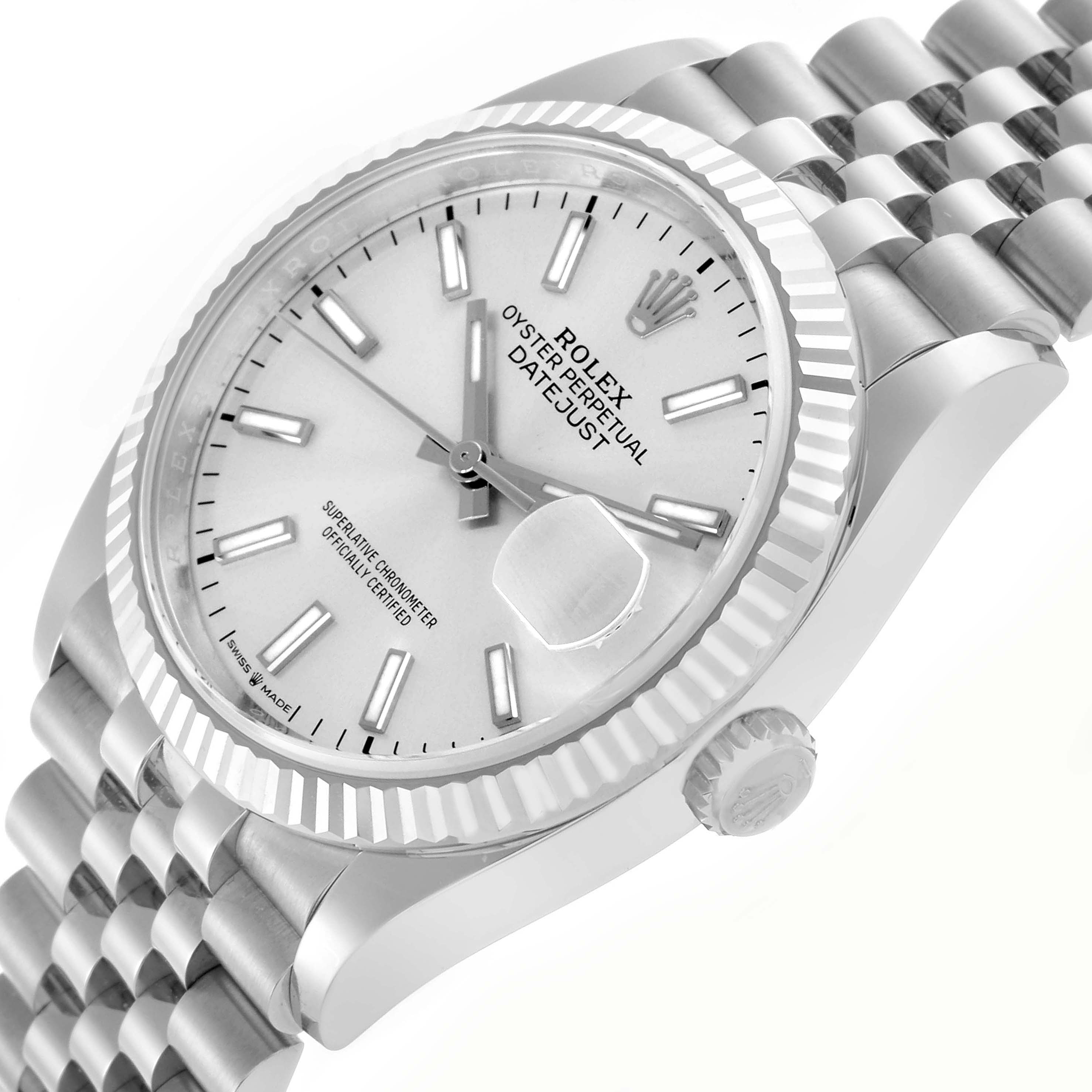 The Rolex Datejust 126234 Men's Stainless Steel Silver Dial 126234 Men's Stainless Steel Silver Dial watch is shown at an angled side view, highlighting the face, bezel, and part of the bracelet.