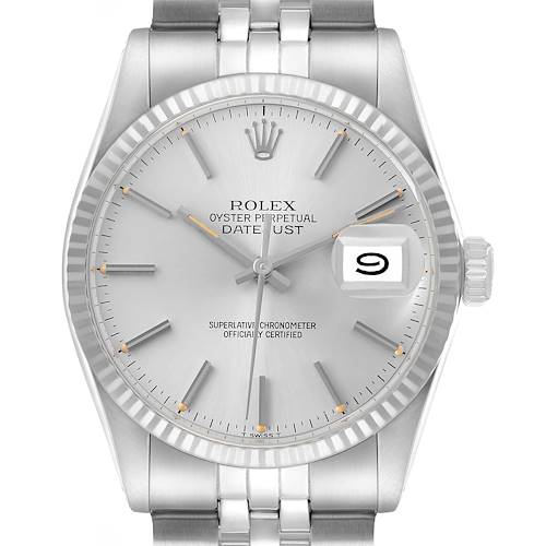 The image shows a front view of the Rolex Datejust 16014 Men's Stainless Steel Silver Dial watch, highlighting its dial, fluted bezel, and partial bracelet.