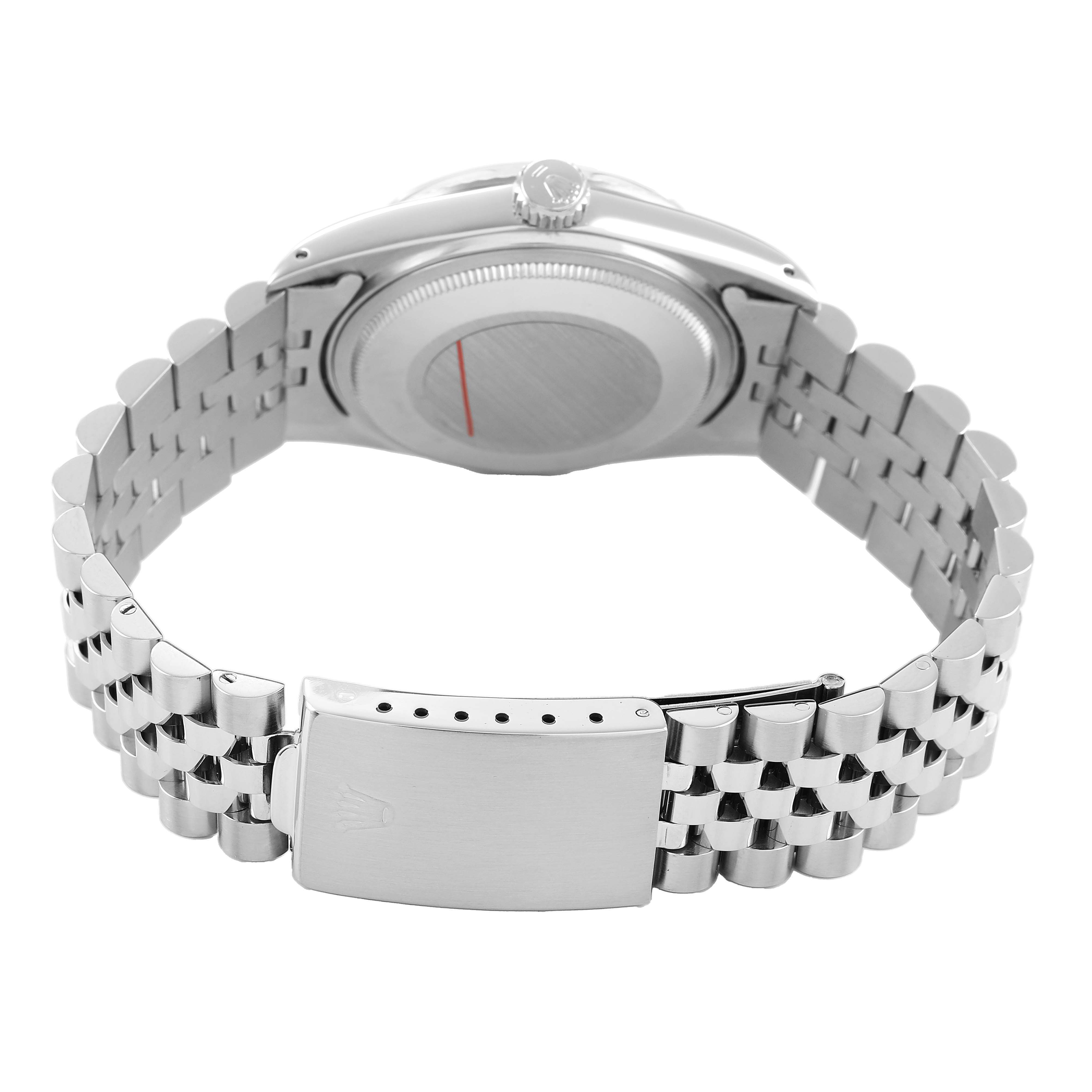 The image shows the back case and clasp of a Rolex Datejust 16014 Men's Stainless Steel Silver Dial, focusing on its Jubilee bracelet.