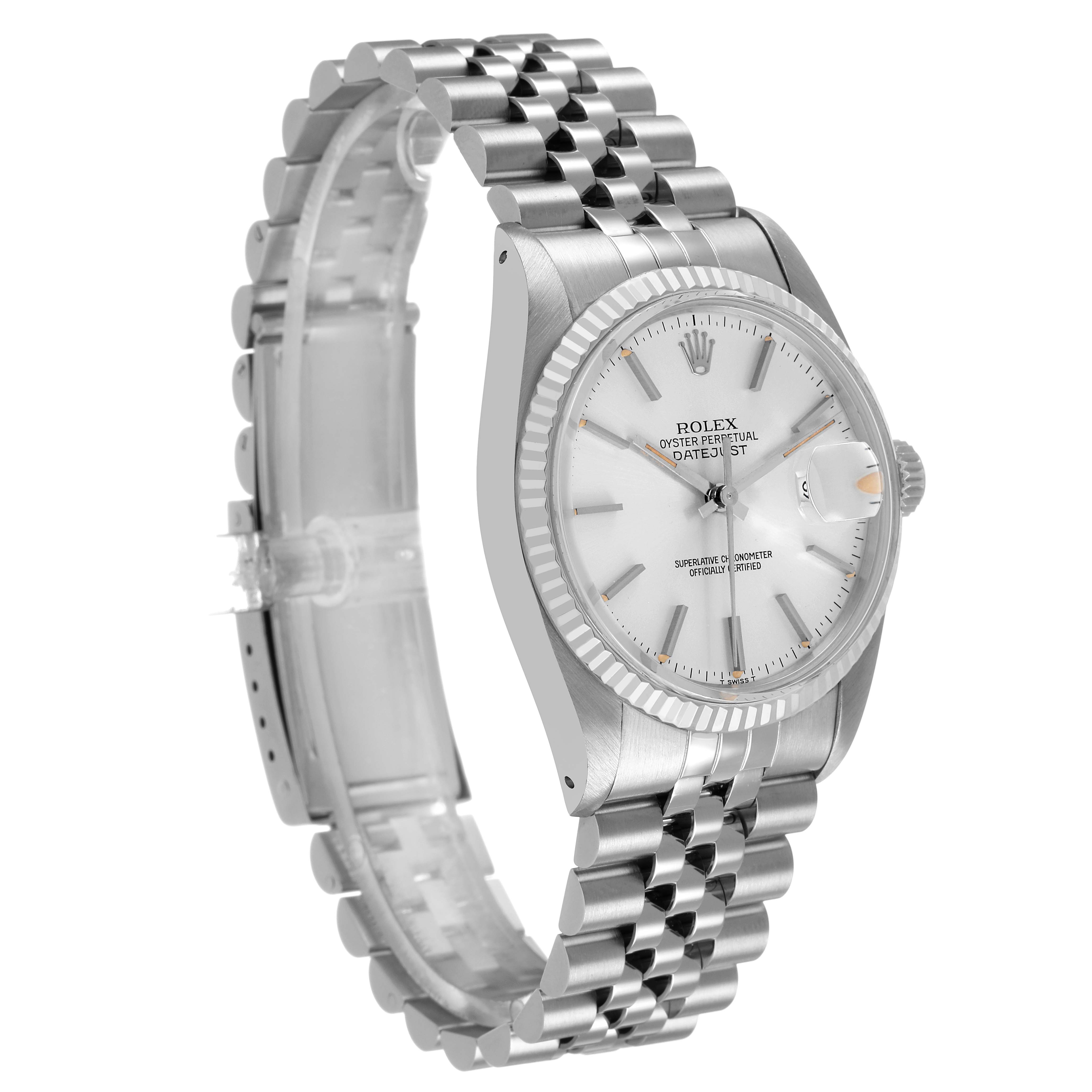 The Rolex Datejust 16014 Men's Stainless Steel Silver Dial watch is shown at a three-quarter angle, highlighting the dial, bezel, and Jubilee bracelet.