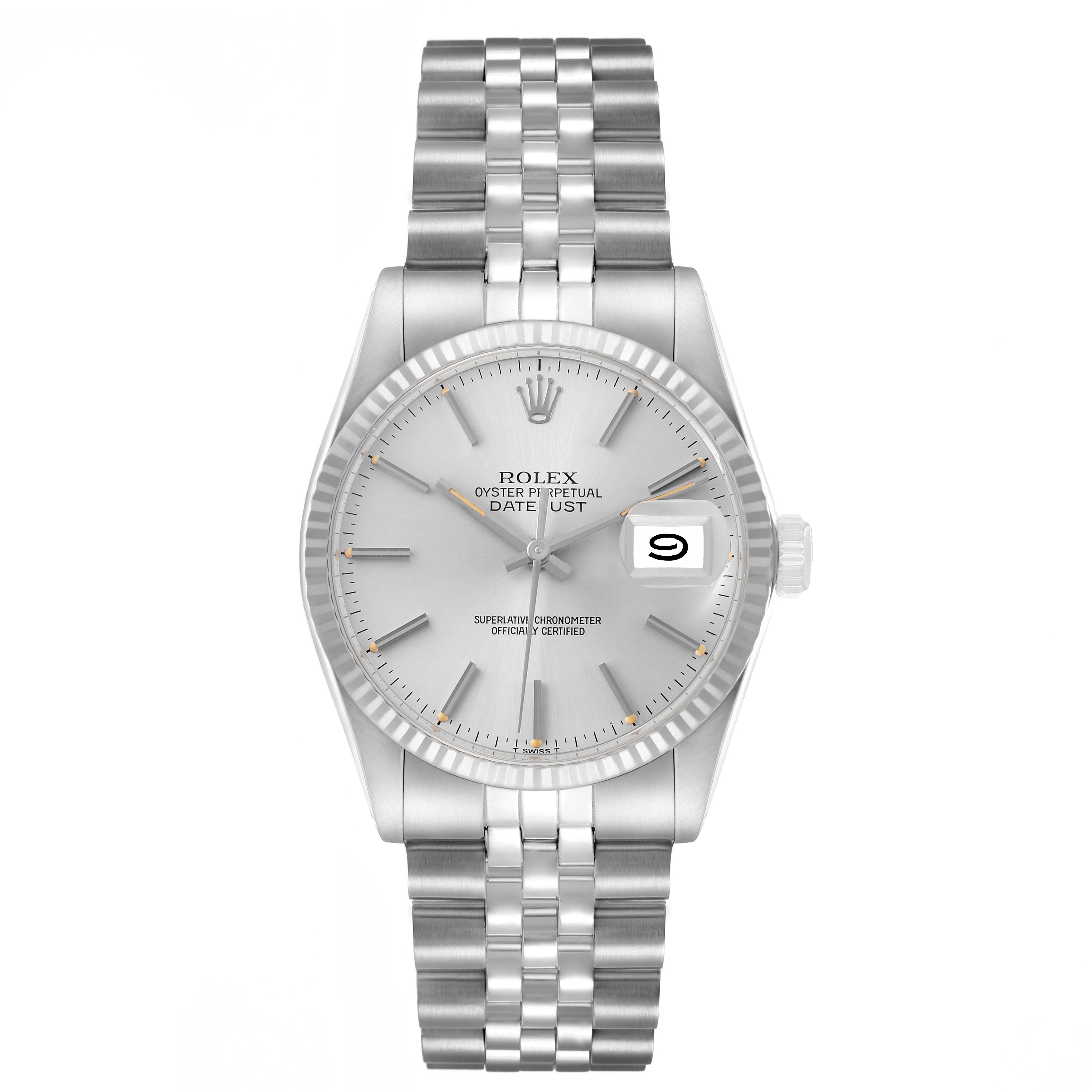 The Rolex Datejust 16014 Men's Stainless Steel Silver Dial watch is shown from a top view, displaying the dial, fluted bezel, bracelet, and date window.