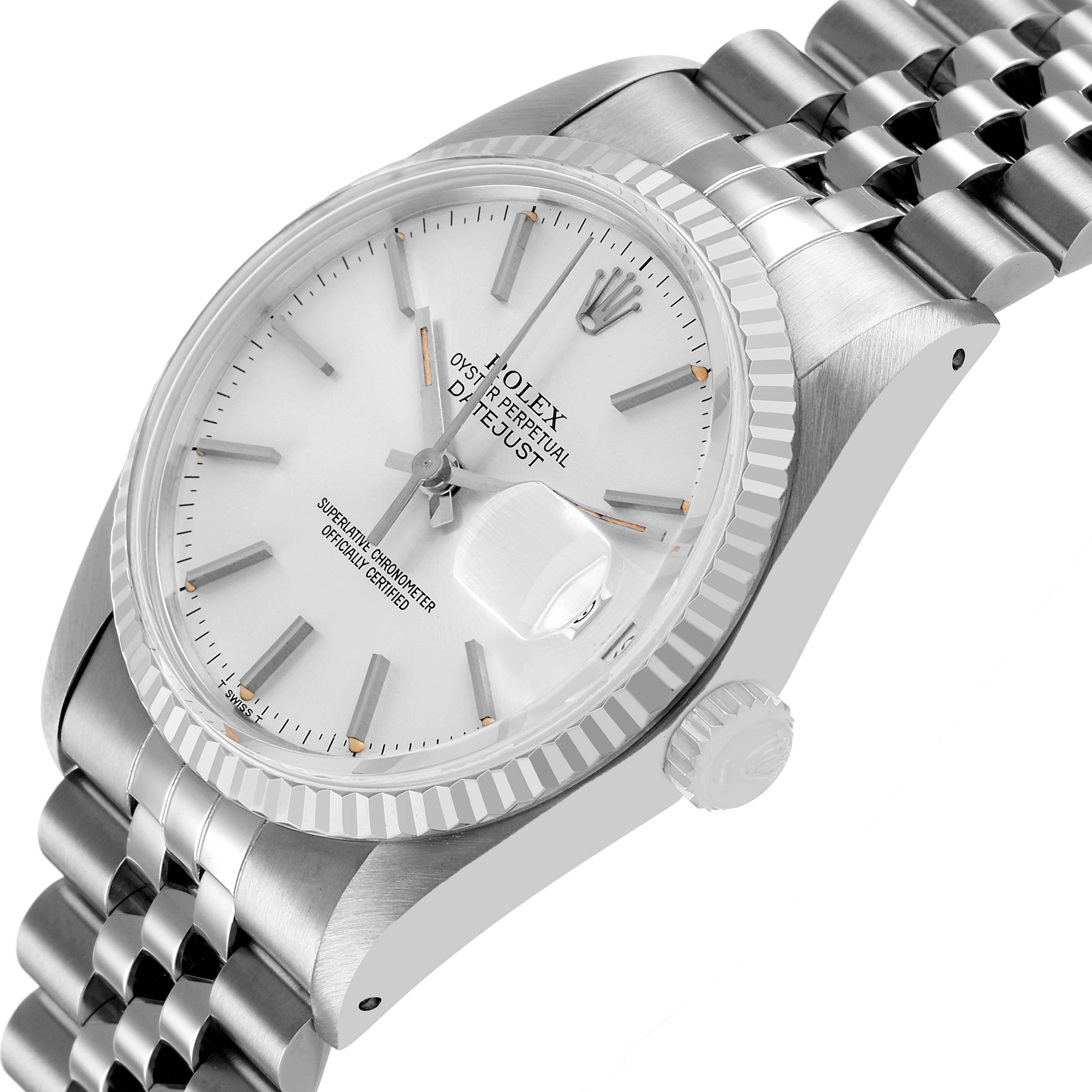 The Rolex Datejust 16014 Men's Stainless Steel Silver Dial watch is shown at a tilted angle, highlighting the face, fluted bezel, and part of the Jubilee bracelet.
