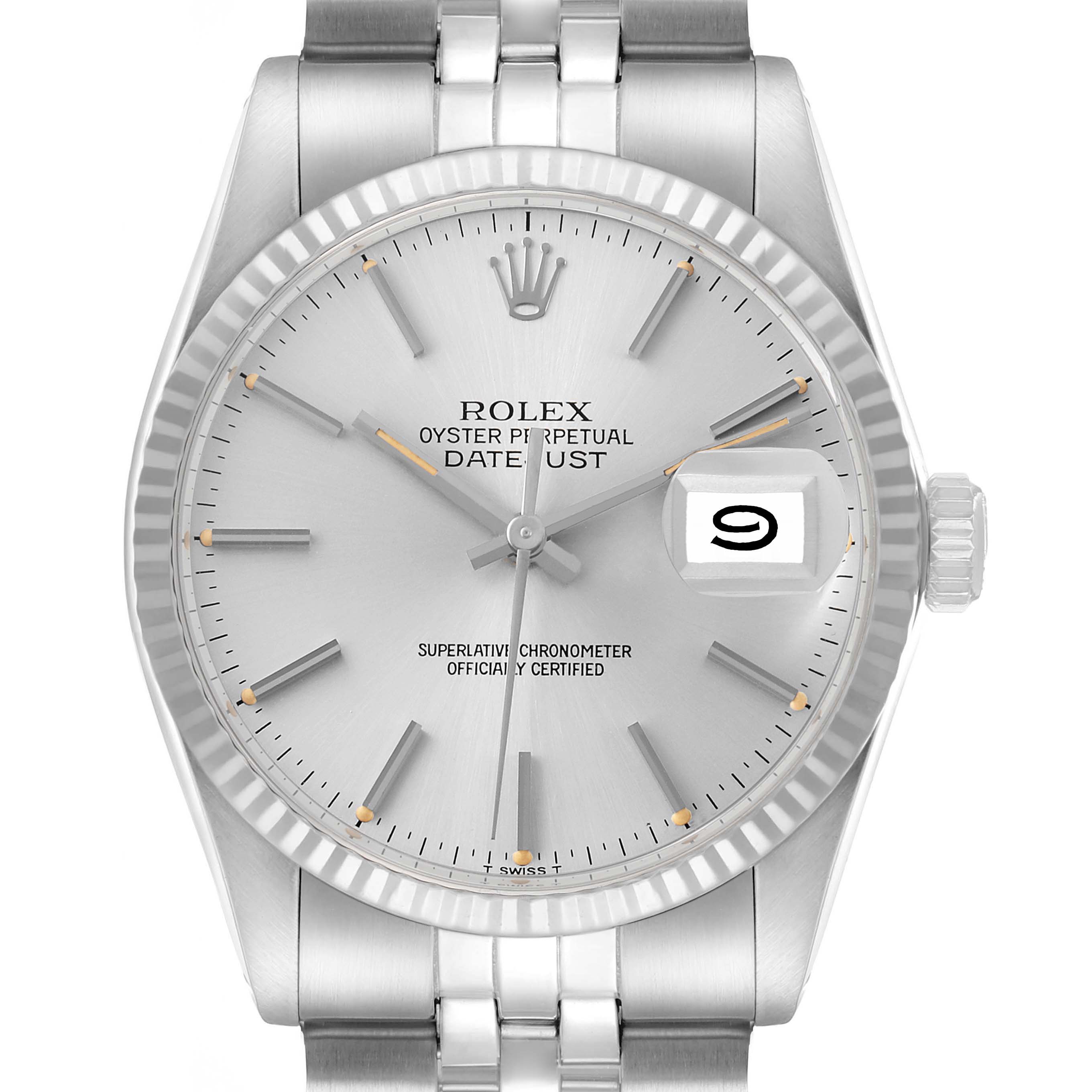 The image shows the front view of a Rolex Datejust 16014 Men's Stainless Steel Silver Dial watch, highlighting the dial, bezel, and bracelet.