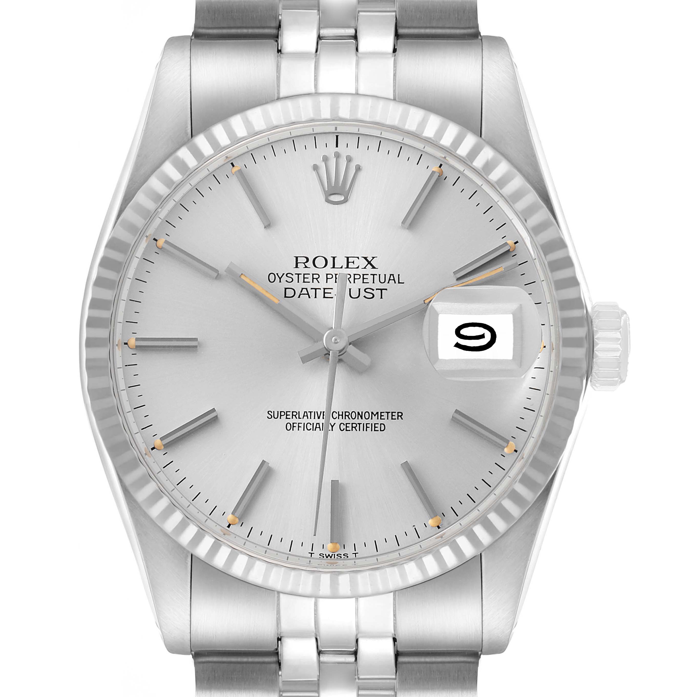 The image shows a frontal view of the Rolex Datejust 16014 Men's Stainless Steel Silver Dial, highlighting the dial, fluted bezel, crown, and bracelet.