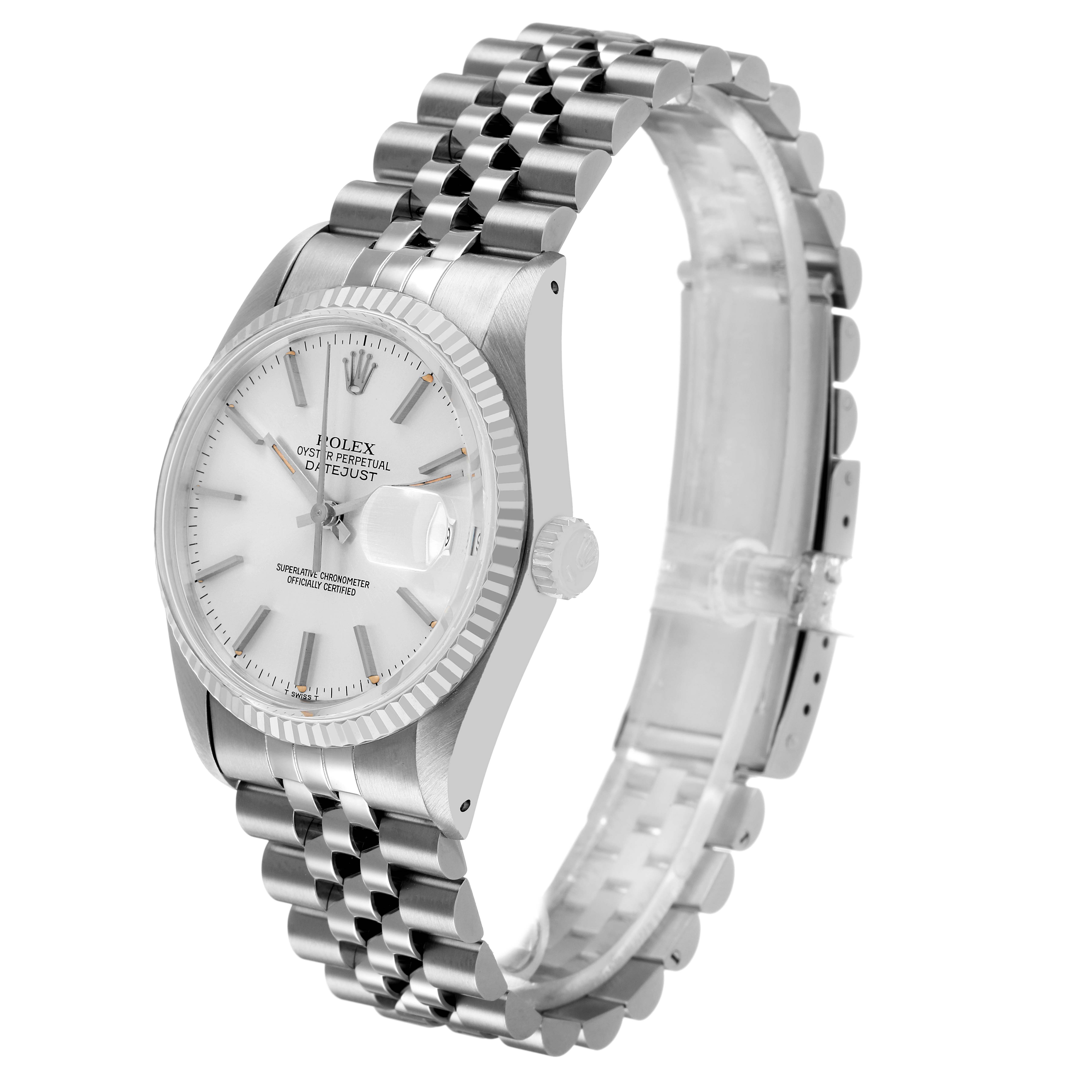 The Rolex Datejust 16014 Men's Stainless Steel Silver Dial watch is shown at an angle highlighting its face, case, crown, and bracelet.