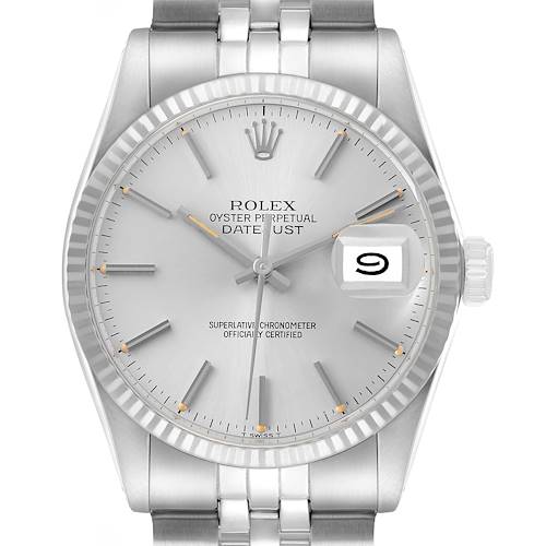 The image shows a frontal view of a Rolex Datejust 16014 Men's Stainless Steel Silver Dial watch, highlighting its dial, fluted bezel, and a section of the bracelet.