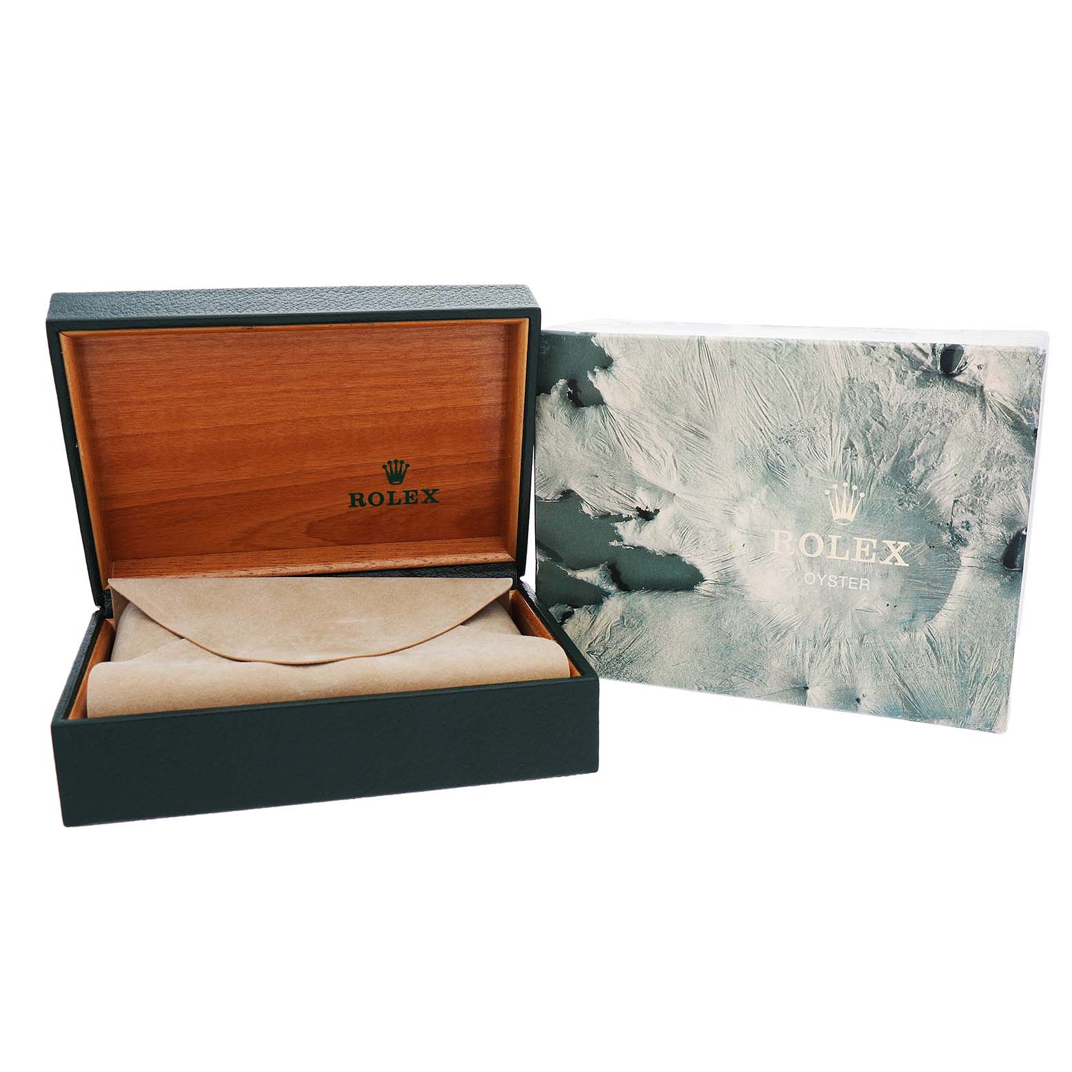 The image shows a Rolex Datejust 16014 Men's Stainless Steel Silver Dial watch box and cover, displaying the box open with its interior visible.