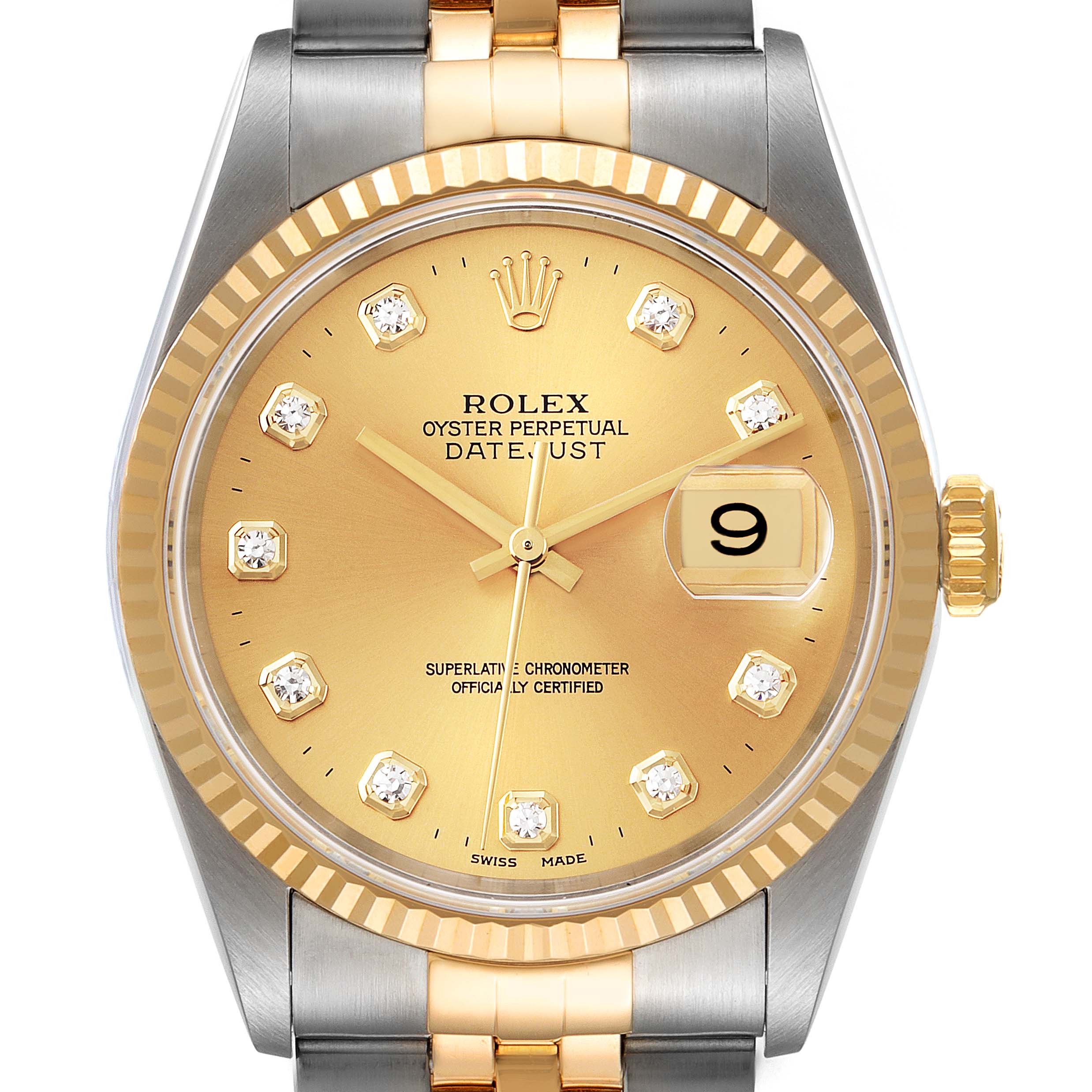 The image shows a front view of the Rolex Datejust 16233 Men's Steel and Gold (two tone) Champagne Dial 16233 Men's Steel and Gold (two tone) Champagne Dial watch, highlighting its gold dial, diamond markers, fluted bezel, and two-tone bracelet.