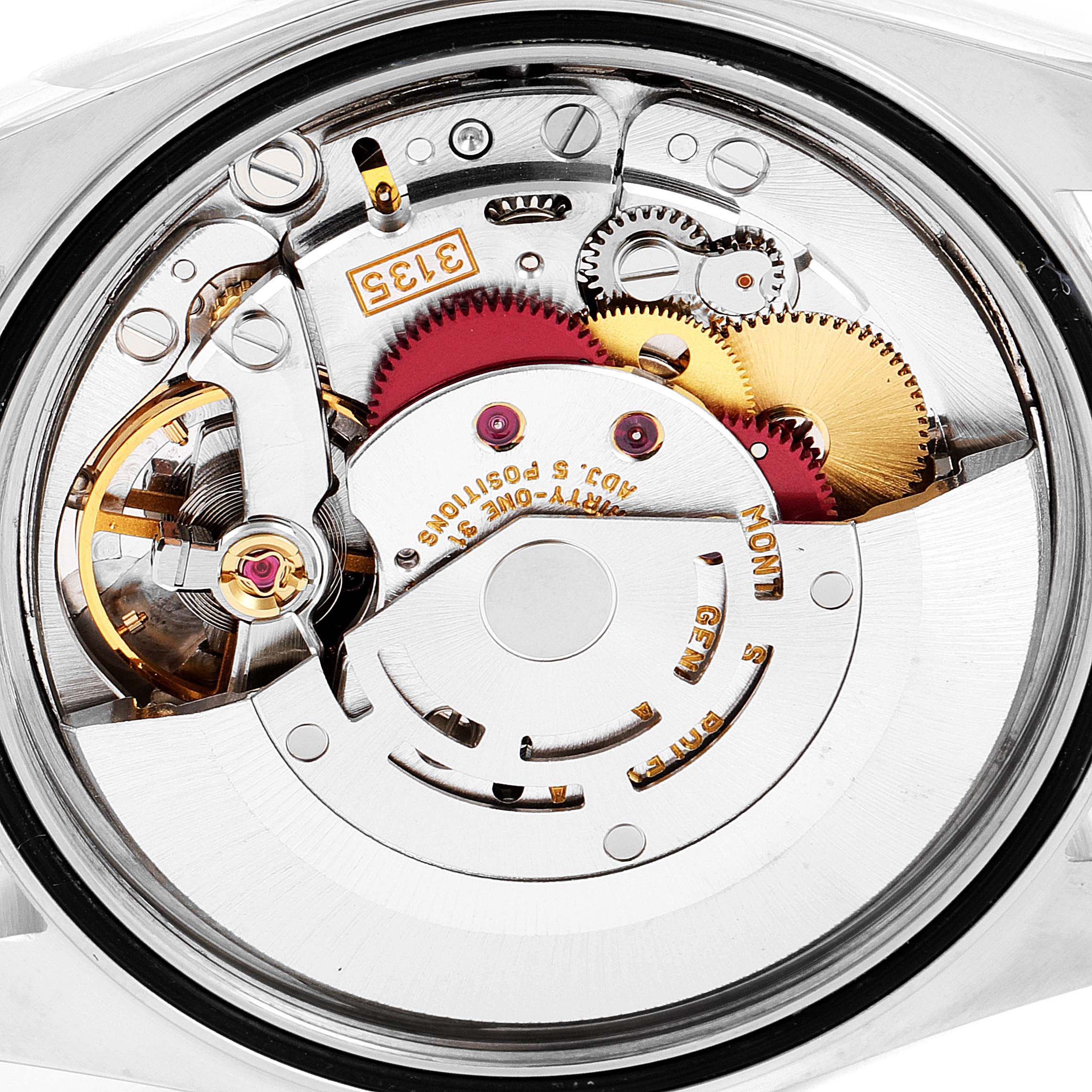 This image shows the movement and internal mechanism of a Rolex Datejust 16233 Men's Steel and Gold (two tone) Champagne Dial 16233 Men's Steel and Gold (two tone) Champagne Dial watch from a top-down angle.
