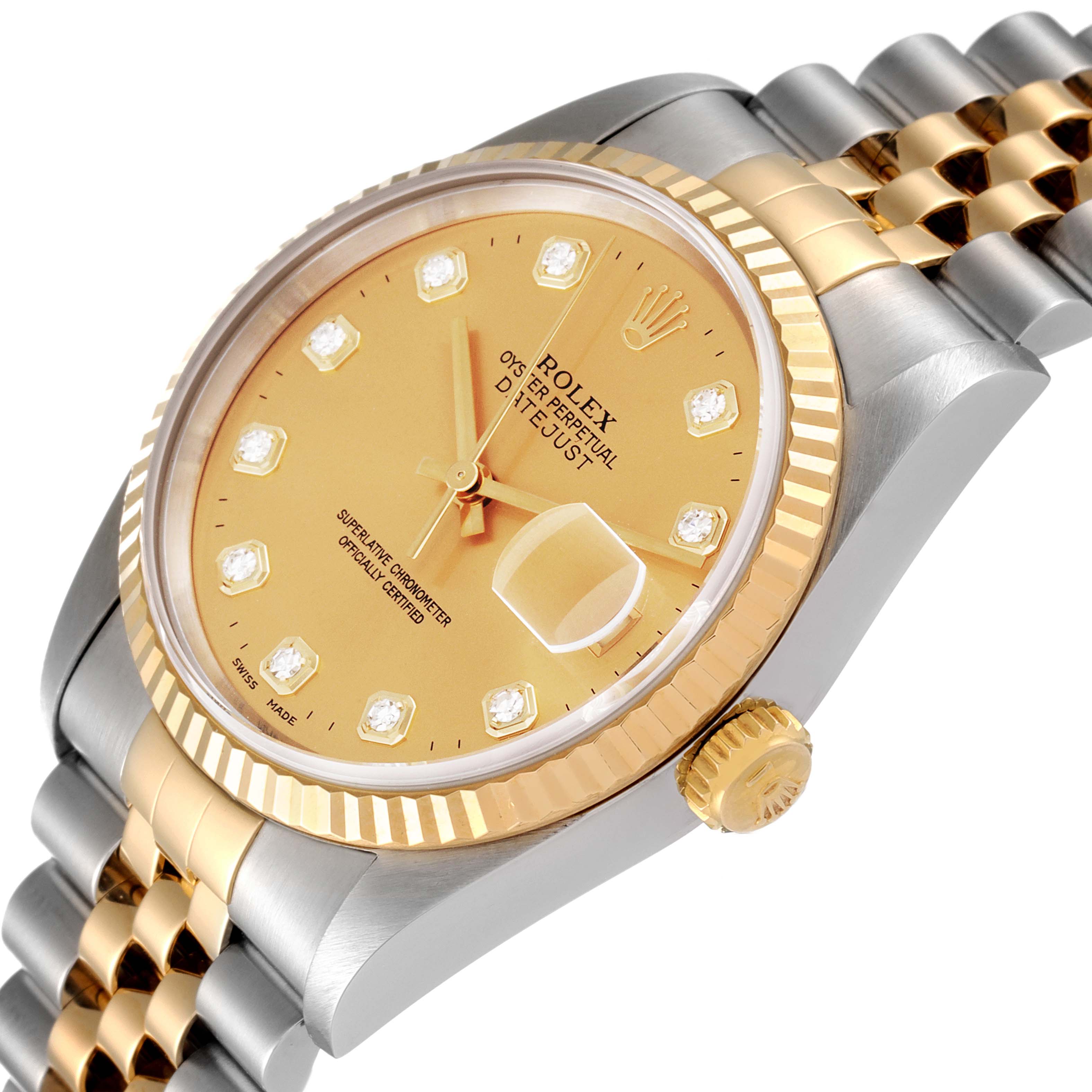 The image shows a close-up angled view of a Rolex Datejust 16233 Men's Steel and Gold (two tone) Champagne Dial 16233 Men's Steel and Gold (two tone) Champagne Dial watch, highlighting the dial, bezel, crown, and part of the bracelet.