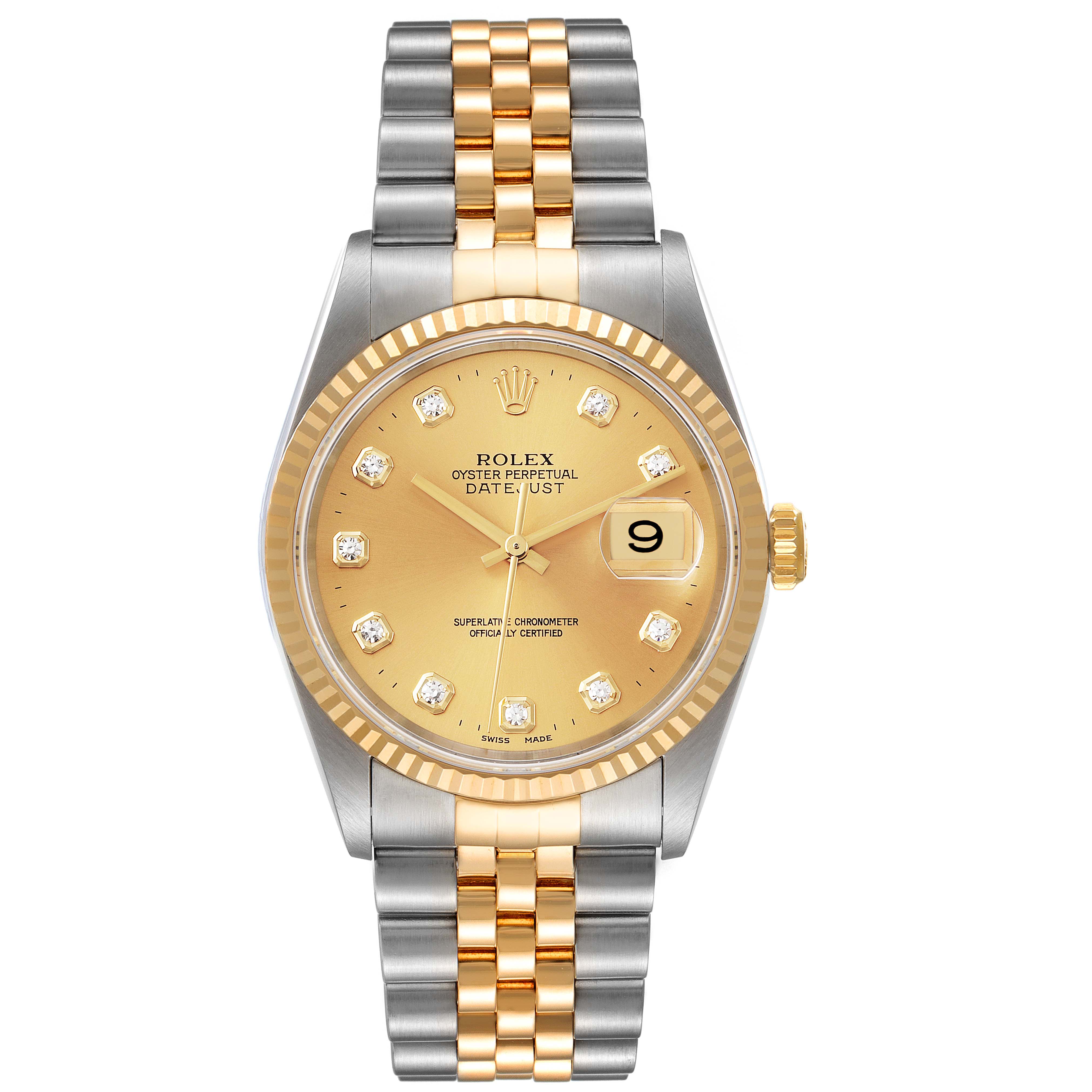 The image shows a frontal view of the Rolex Datejust 16233 Men's Steel and Gold (two tone) Champagne Dial 16233 Men's Steel and Gold (two tone) Champagne Dial watch with a gold dial, diamond indices, and a two-tone bracelet.