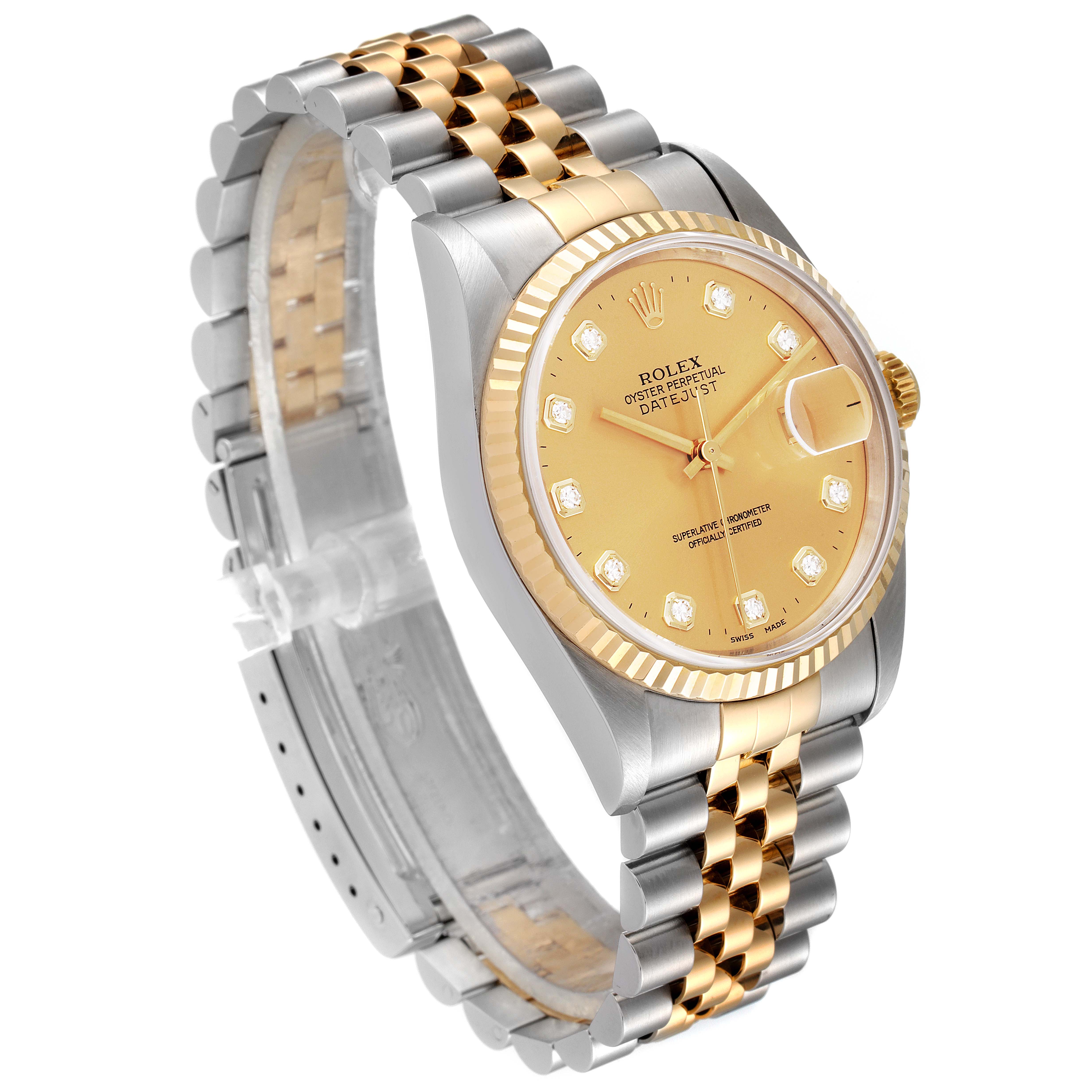 The image shows a side and top angle of the Rolex Datejust 16233 Men's Steel and Gold (two tone) Champagne Dial 16233 Men's Steel and Gold (two tone) Champagne Dial, highlighting its two-tone jubilee bracelet and champagne dial.