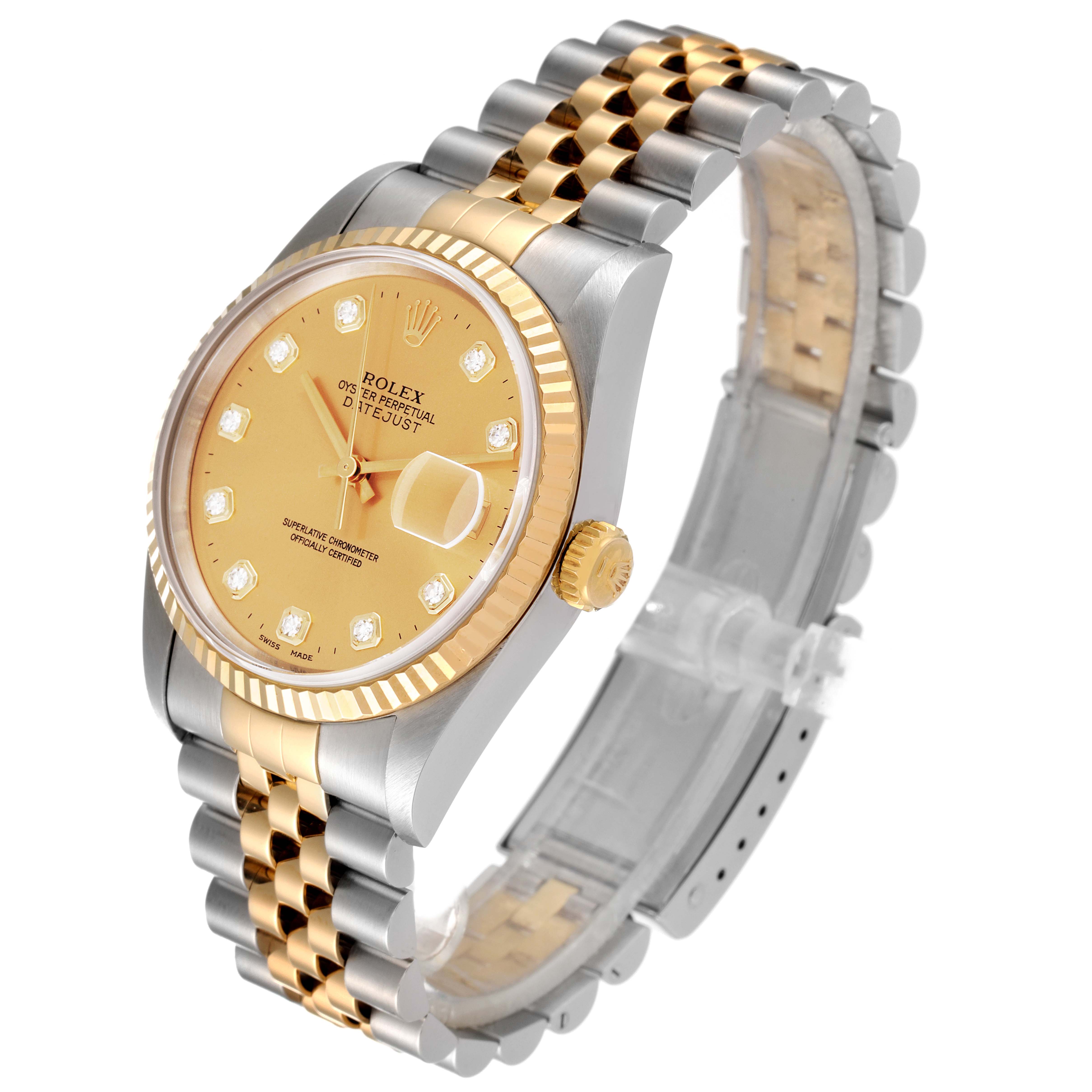 The Rolex Datejust 16233 Men's Steel and Gold (two tone) Champagne Dial 16233 Men's Steel and Gold (two tone) Champagne Dial watch is shown at a three-quarter angle, displaying the face, crown, and two-tone bracelet.