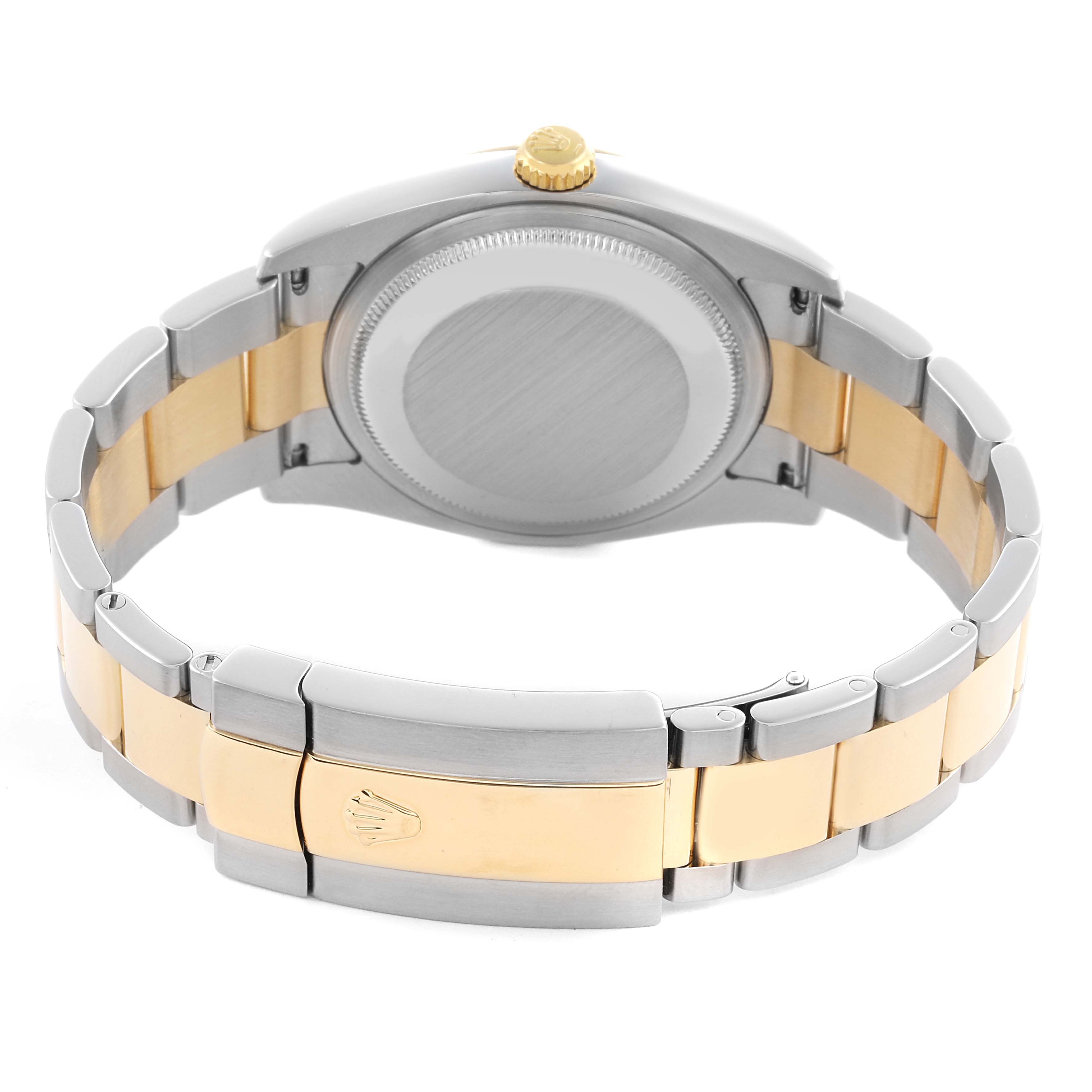 The Rolex Datejust 116203 Men's Steel and Gold (two tone) Silver Dial 116203 Men's Steel and Gold (two tone) Silver Dial watch is shown from the back, displaying the case back and two-tone bracelet with clasp.