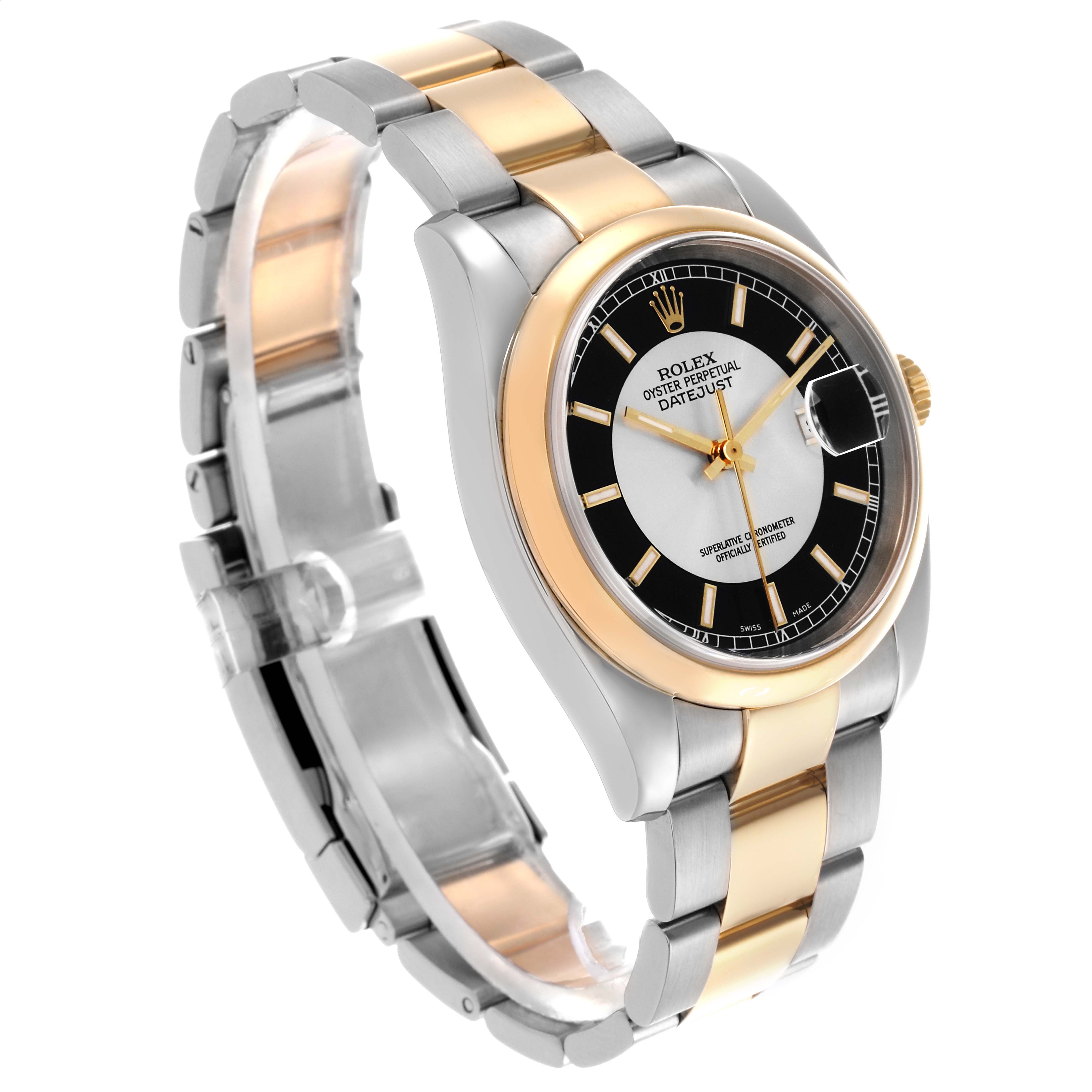 The Rolex Datejust 116203 Men's Steel and Gold (two tone) Silver Dial 116203 Men's Steel and Gold (two tone) Silver Dial watch is shown at an angled view, displaying its face, bezel, and two-tone bracelet.
