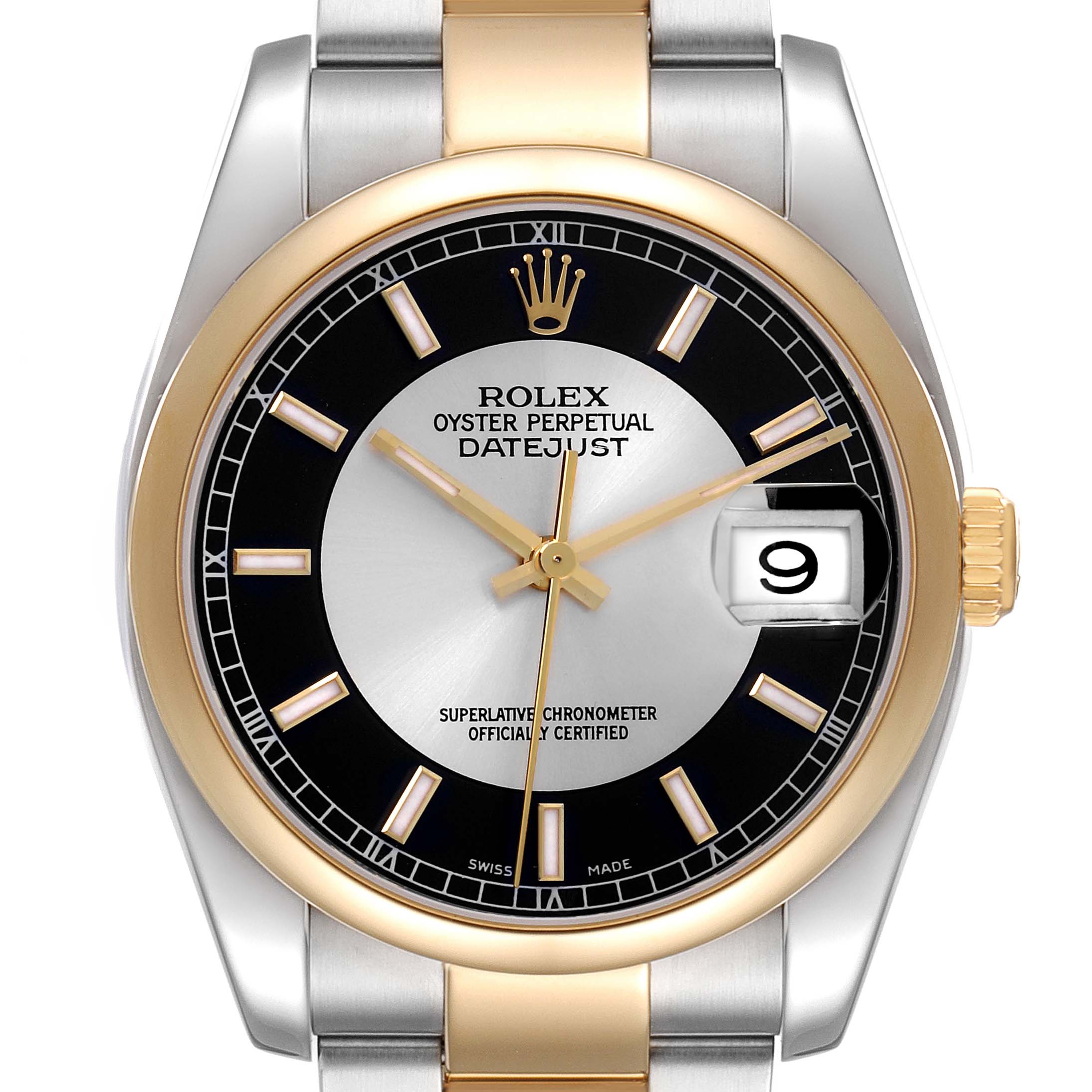 The Rolex Datejust 116203 Men's Steel and Gold (two tone) Silver Dial 116203 Men's Steel and Gold (two tone) Silver Dial watch is shown from a front angle, featuring its dial, bezel, crown, and part of the bracelet.