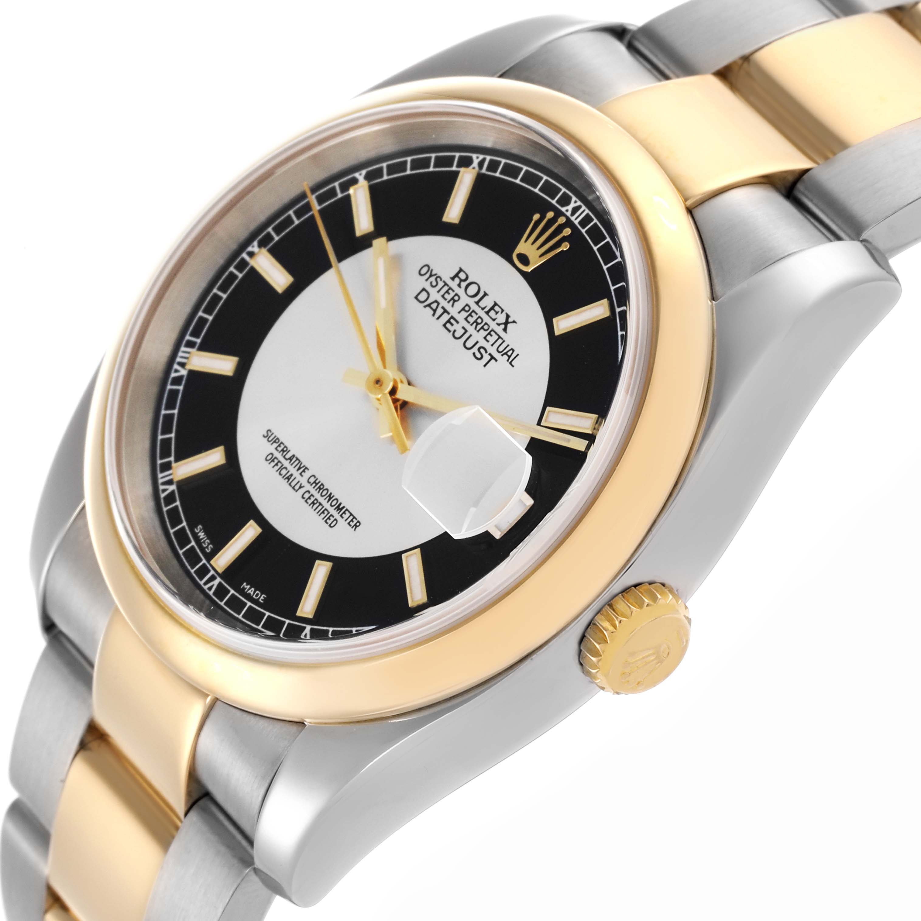 The Rolex Datejust 116203 Men's Steel and Gold (two tone) Silver Dial 116203 Men's Steel and Gold (two tone) Silver Dial is shown at a three-quarter angle, highlighting the dial, bezel, crown, and part of the bracelet.