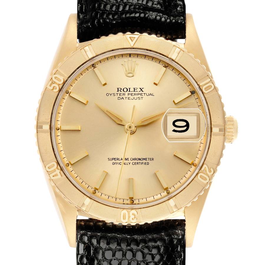 The Rolex Turn-o-Graph watch is shown from a front angle, displaying the bezel, dial, hands, date window, and black leather strap.