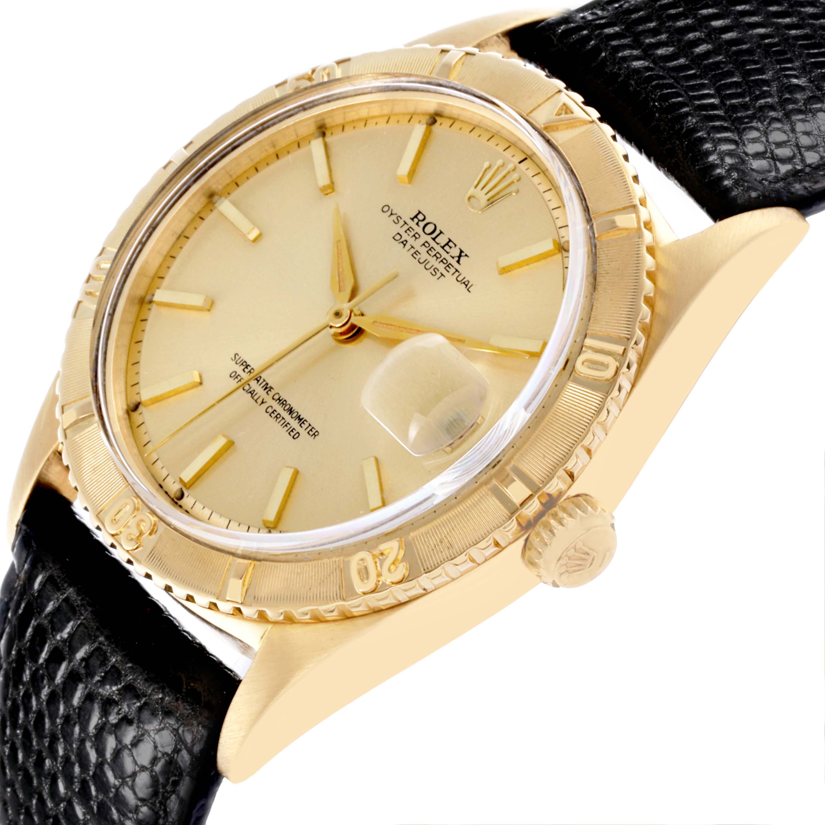 The Rolex Turn-o-Graph watch is shown at an angled side view, displaying the bezel, crown, dial, and part of the strap.